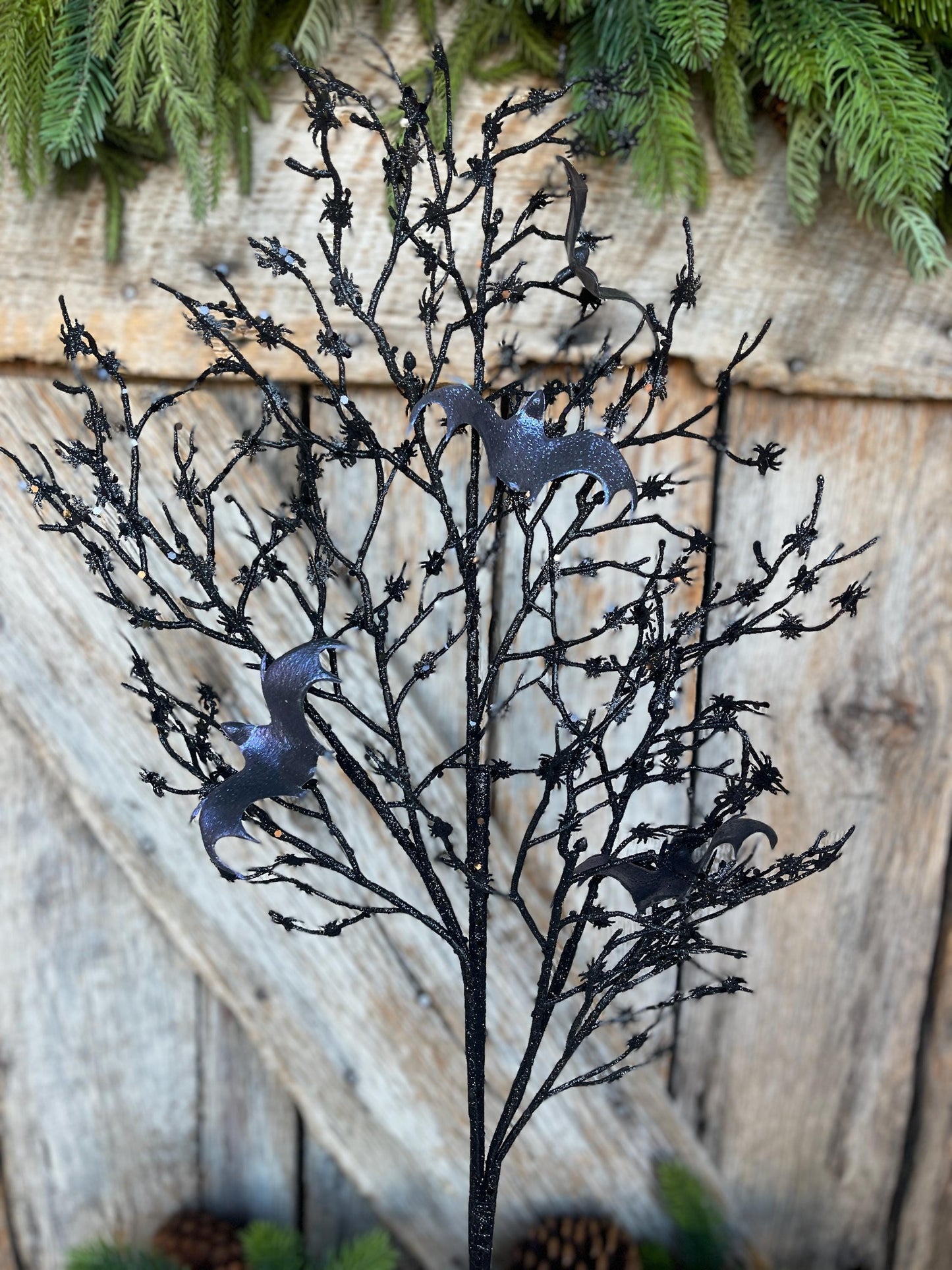 30" Black Bat Twig Floral spray, Halloween Floral Spray, Black Twig Spray
