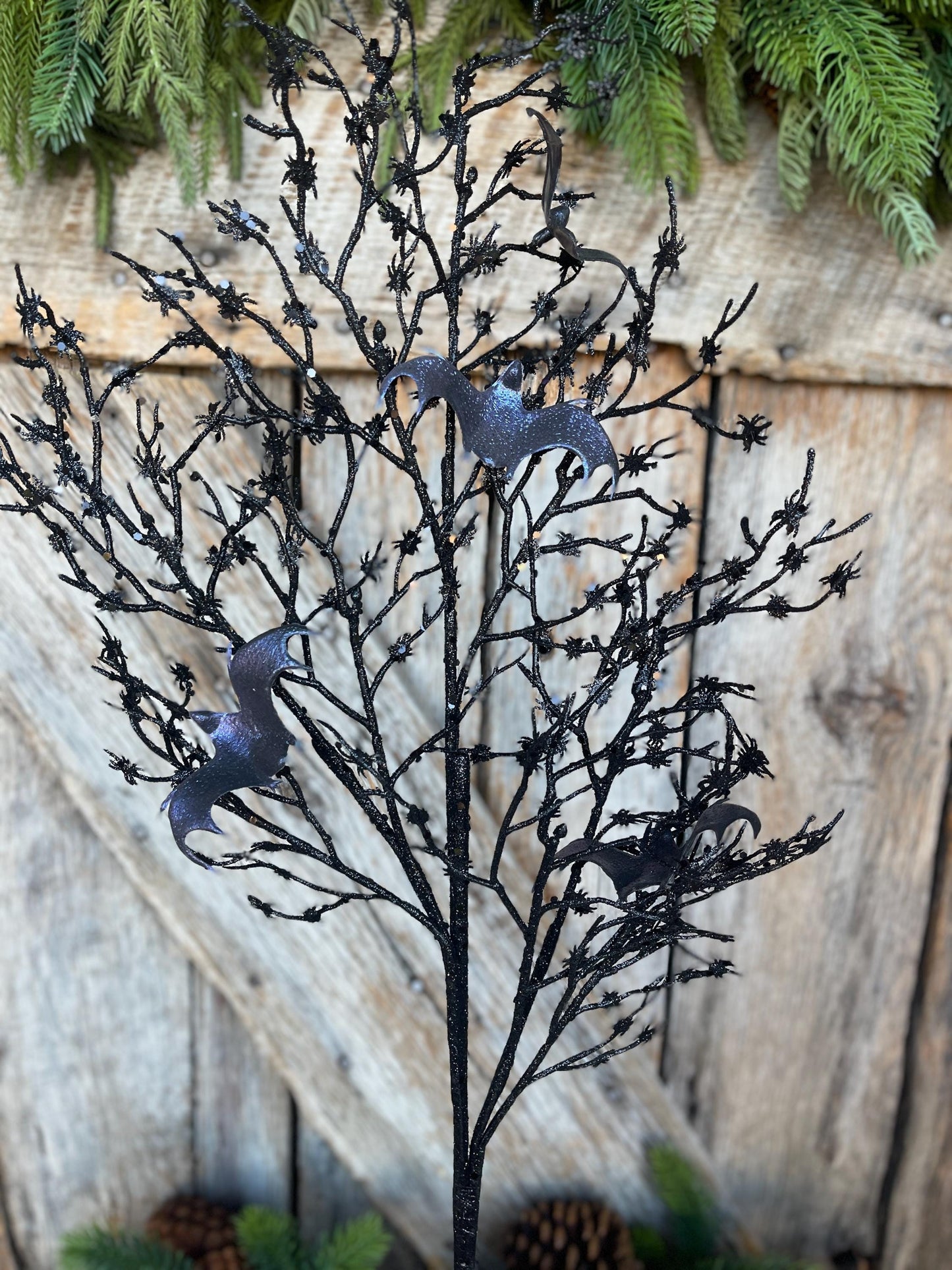30" Black Bat Twig Floral spray, Halloween Floral Spray, Black Twig Spray