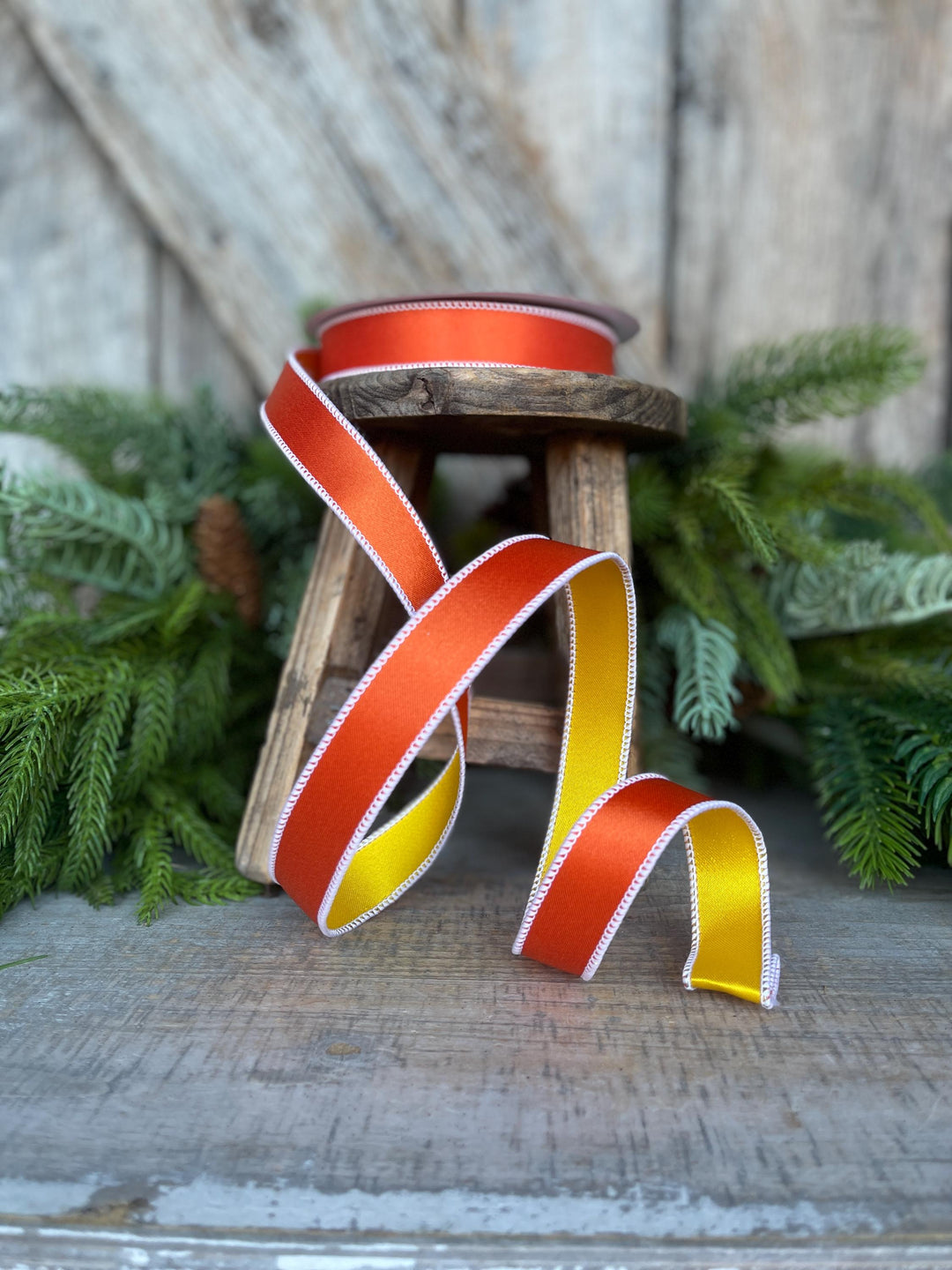 1" Orange Yellow Satin Ribbon, Farrisilk Ribbon, Candy Corn Ribbon,Wired Ribbon