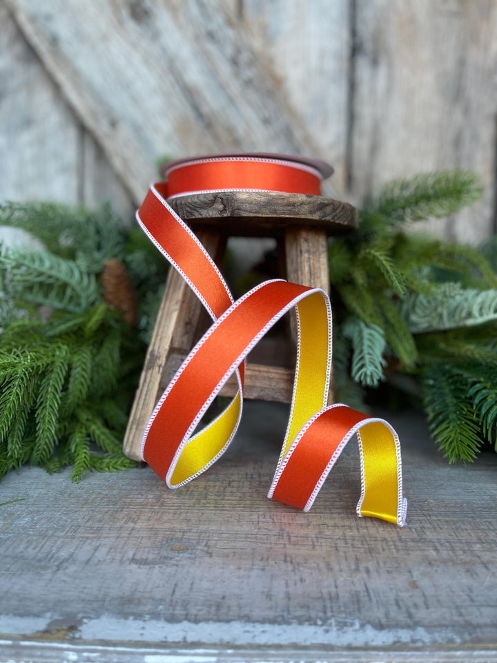 1" Orange Yellow Satin Ribbon, Farrisilk Ribbon, Candy Corn Ribbon,Wired Ribbon