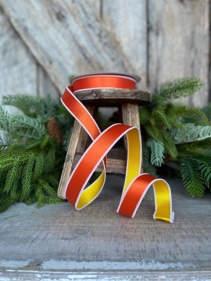 1" Orange Yellow Satin Ribbon, Farrisilk Ribbon, Candy Corn Ribbon,Wired Ribbon
