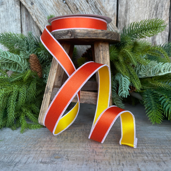1" Orange Yellow Satin Ribbon, Farrisilk Ribbon, Candy Corn Ribbon,Wired Ribbon