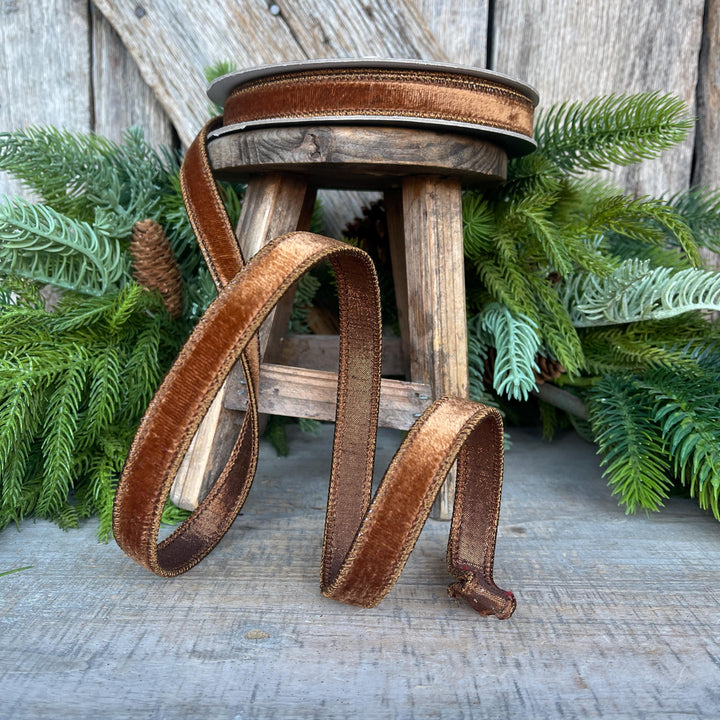 3/4” Pecan Brown Velvet Ribbon, Farrisilk ribbon, Brown Velvet ribbon