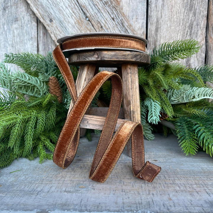 3/4” Pecan Brown Velvet Ribbon, Farrisilk ribbon, Brown Velvet ribbon