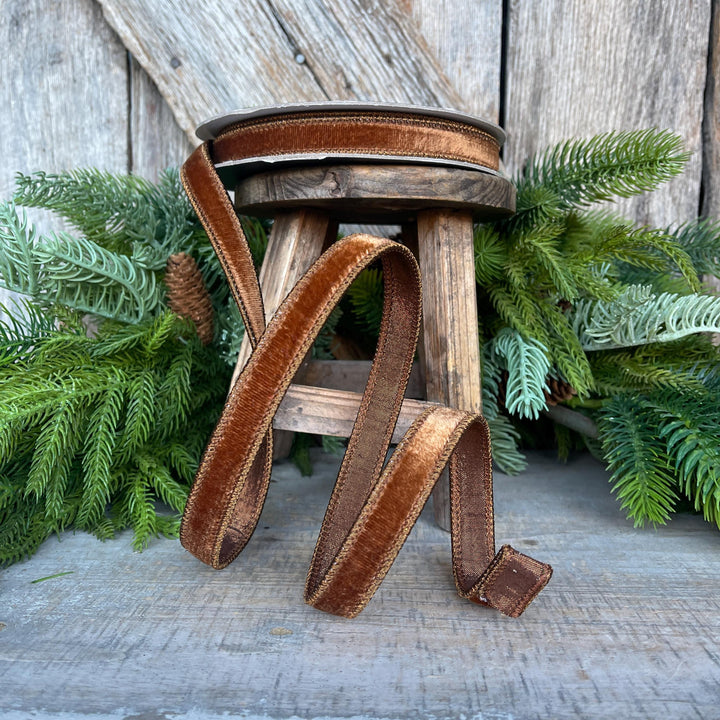 3/4” Pecan Brown Velvet Ribbon, Farrisilk ribbon, Brown Velvet ribbon