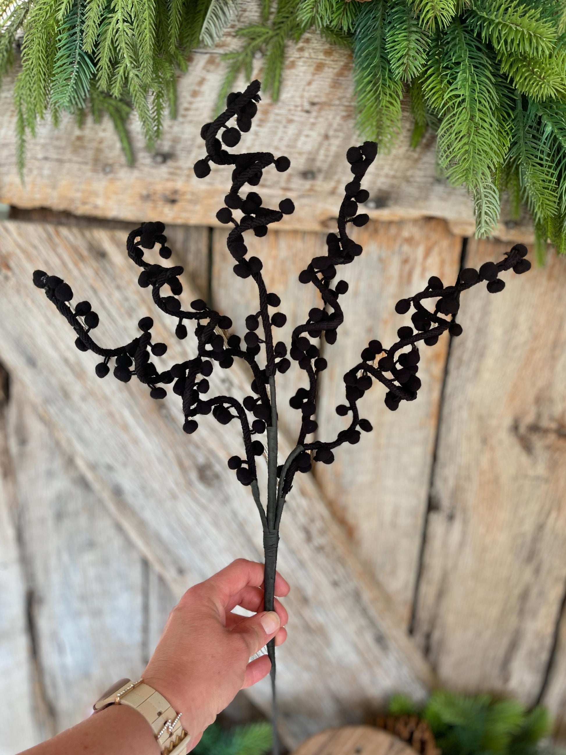 31" Black Ball Twig Spray, Halloween Spray, Halloween Floral, Halloween Picks and Stems, Black Floral Spray, Black Floral Stem, 57254BK