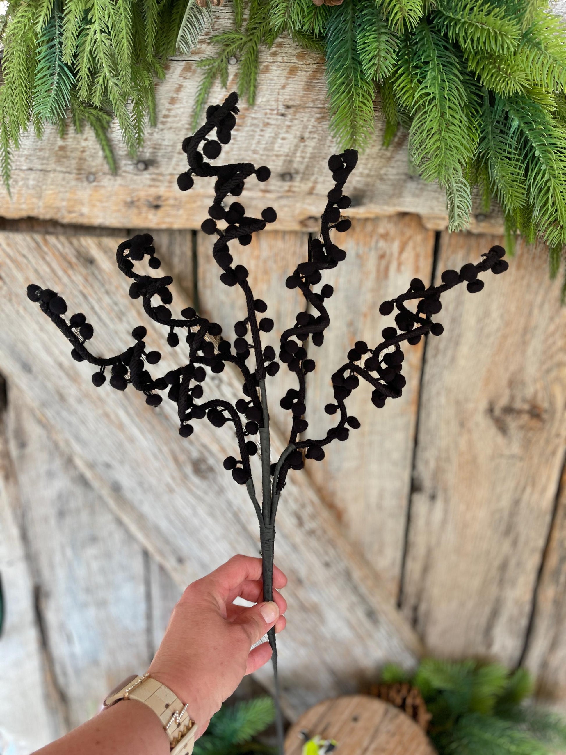 31" Black Ball Twig Spray, Halloween Spray, Halloween Floral, Halloween Picks and Stems, Black Floral Spray, Black Floral Stem, 57254BK