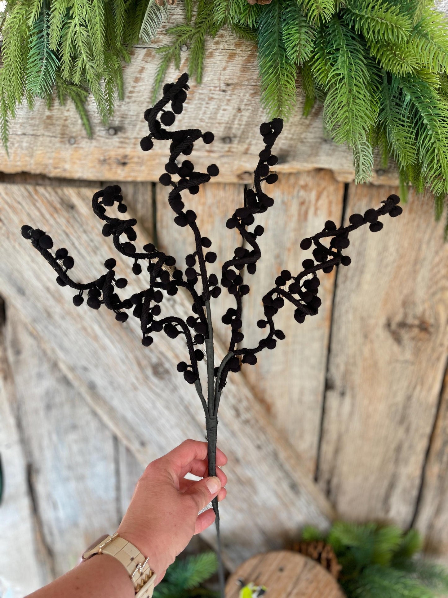 31" Black Ball Twig Spray, Halloween Spray, Halloween Floral, Halloween Picks and Stems, Black Floral Spray, Black Floral Stem, 57254BK