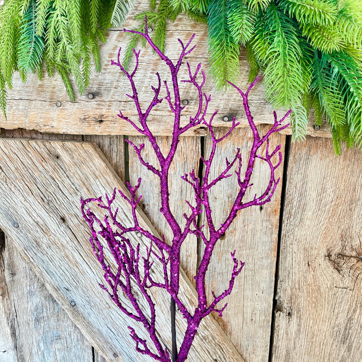 31" Purple Glitter Twig Halloween Spray, Purple Spray, Halloween Floral Stem