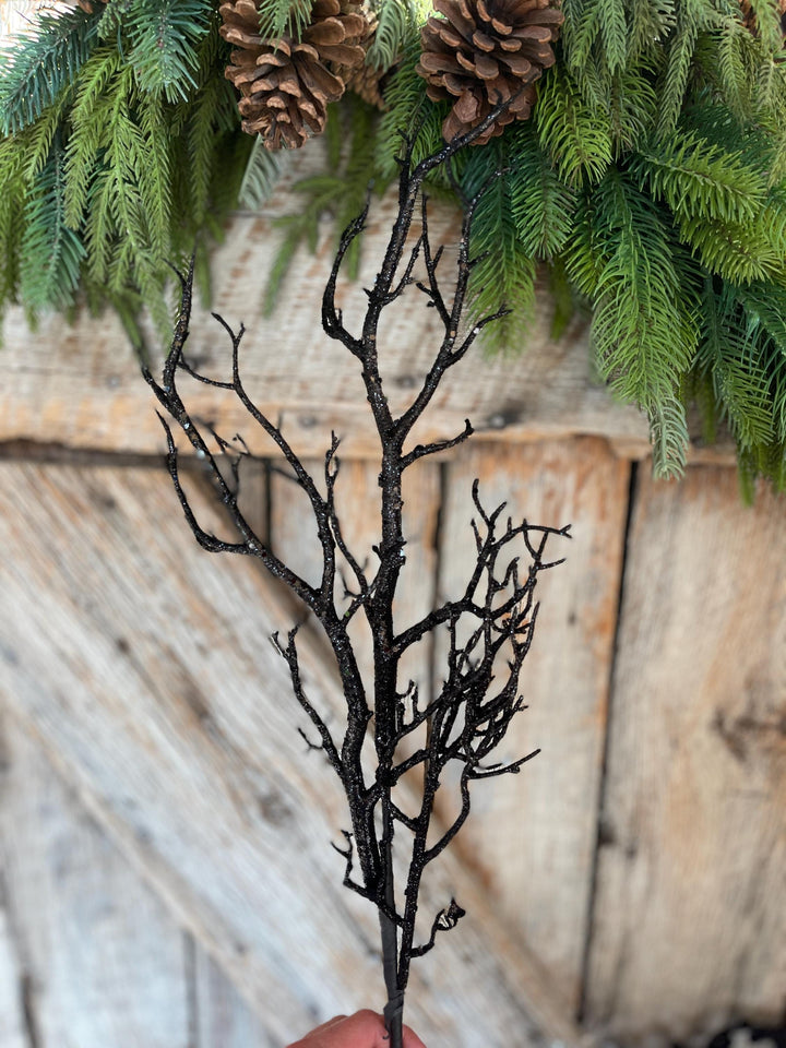 31" Black Glitter Twig Halloween Spray, Black Spray, Halloween Floral Stem