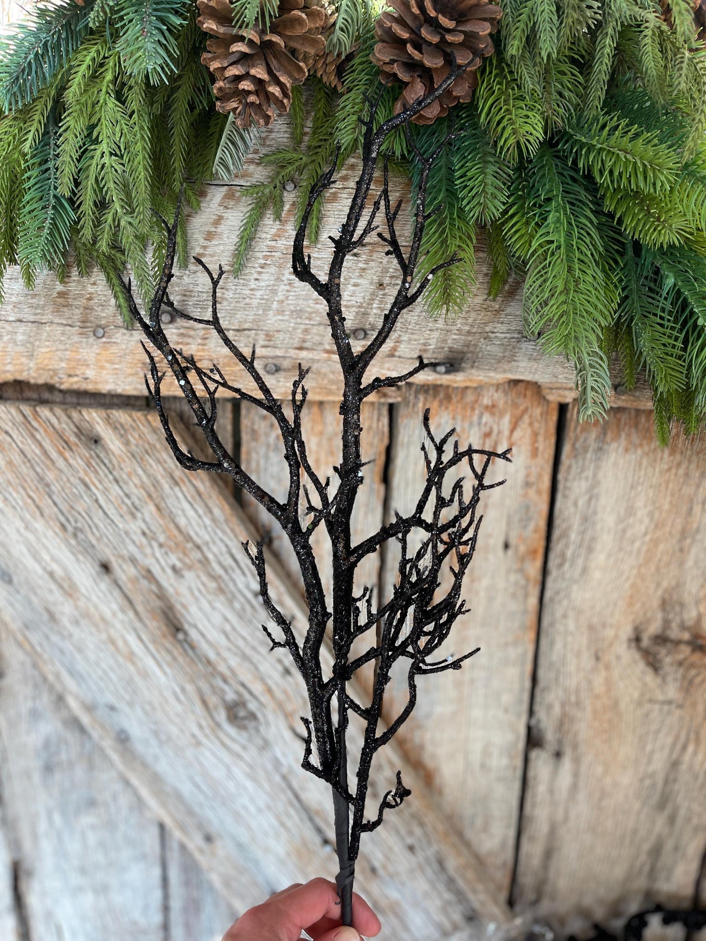 31" Black Glitter Twig Halloween Spray, Black Spray, Halloween Floral Stem
