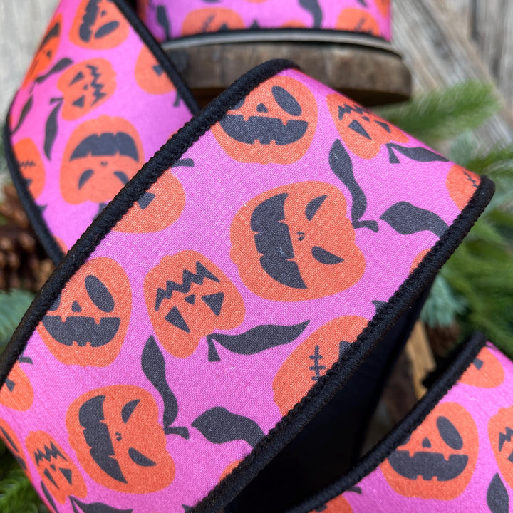 2.5" Halloween Ribbon, Farrisilk Ribbon, Pink Orange Pumpkin Ribbon