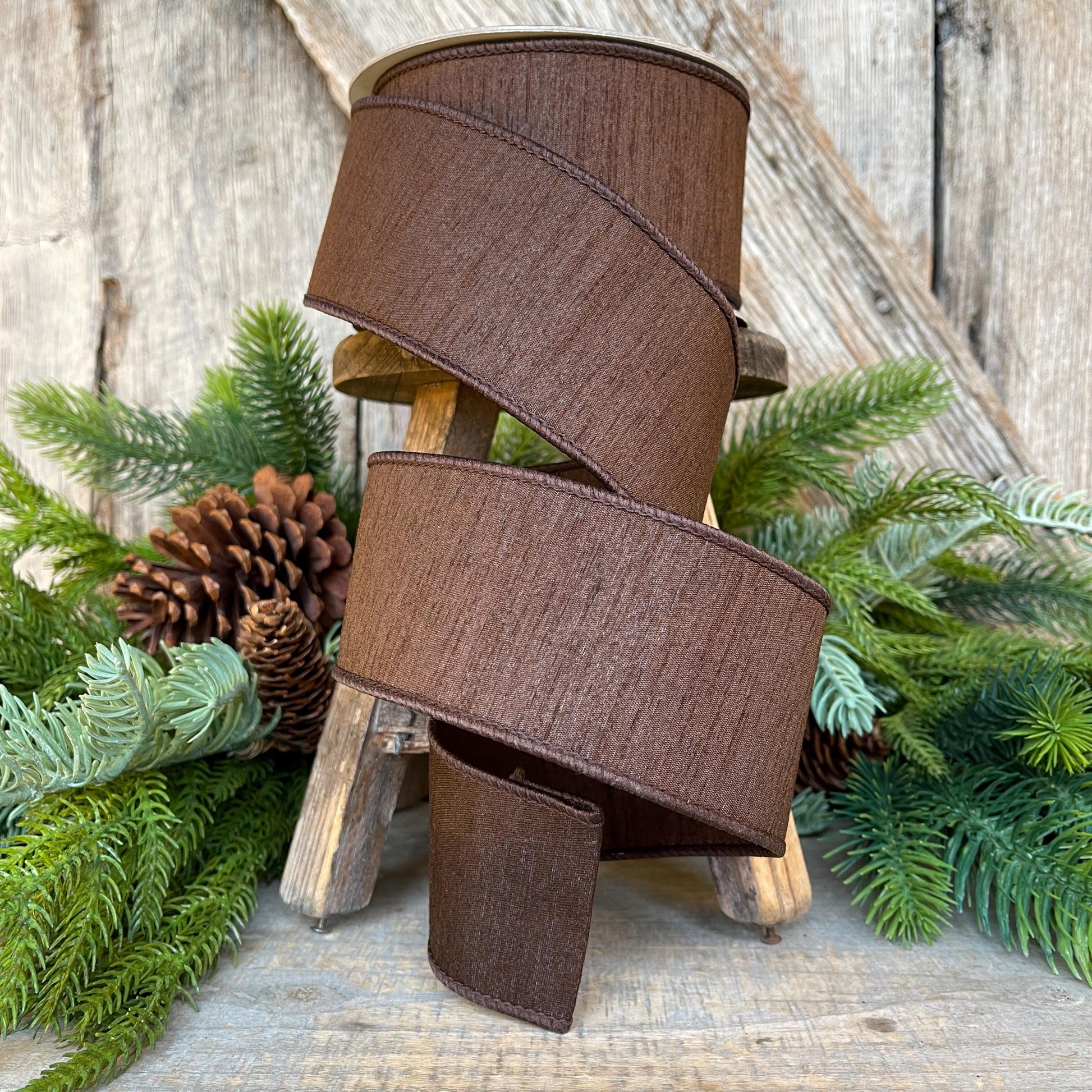 2.5” Chocolote Brown Dupioni Ribbon, Fall ribbon, Christmas ribbon, Woodsy colored Ribbon, Wired Ribbon, Farrisilk ribbon, RK609-23