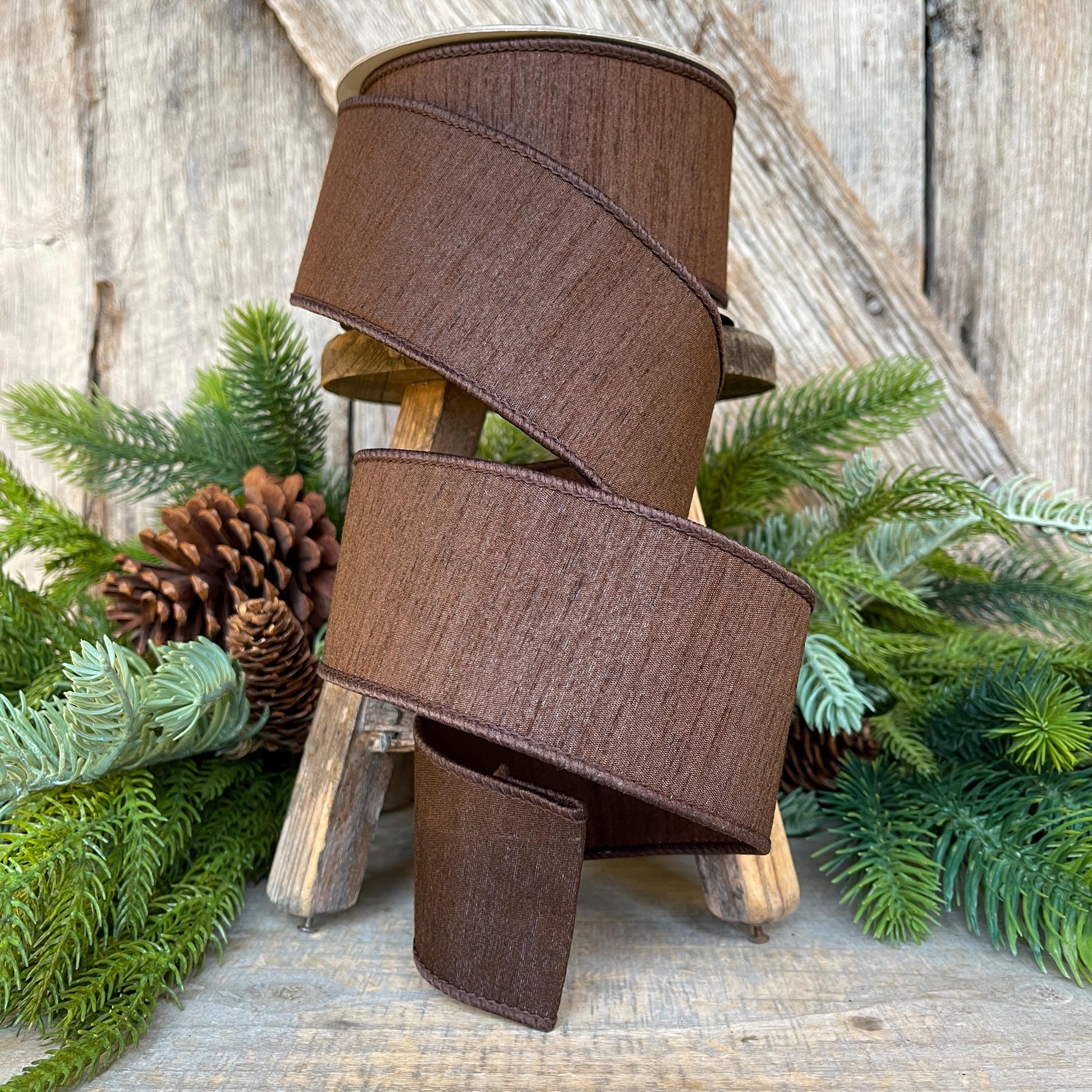 2.5” Chocolote Brown Dupioni Ribbon, Fall ribbon, Christmas ribbon, Woodsy colored Ribbon, Wired Ribbon, Farrisilk ribbon, RK609-23