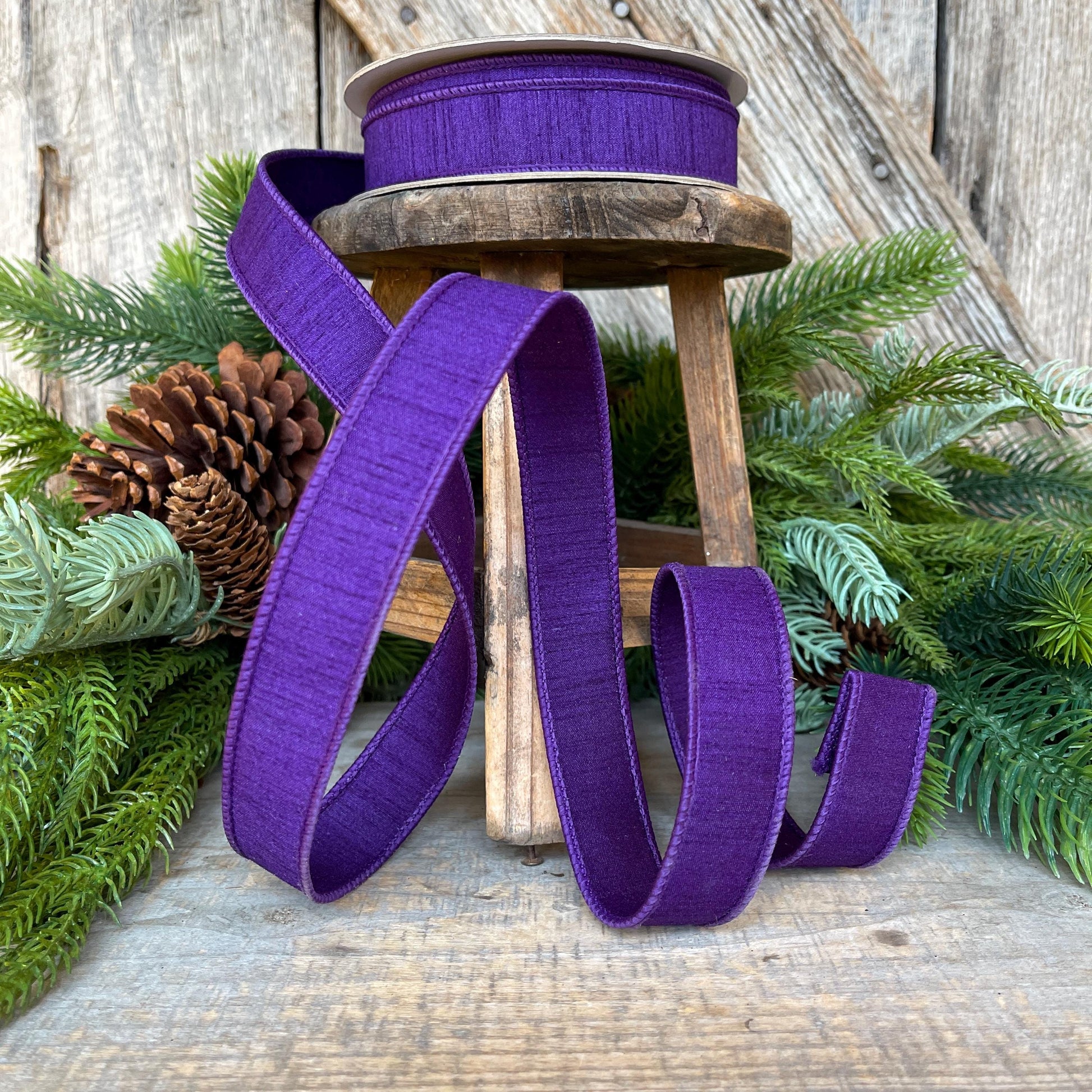 1” Purple Amethyst Dupion Ribbon, Farrisilk ribbon, wired ribbon