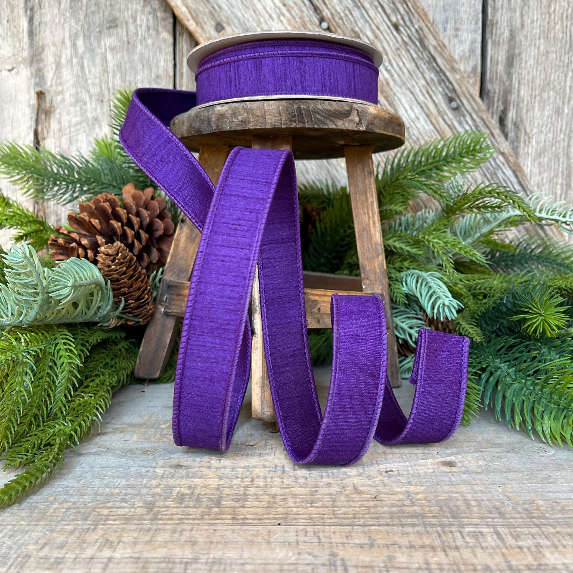1” Purple Amethyst Dupion Ribbon, Farrisilk ribbon, wired ribbon
