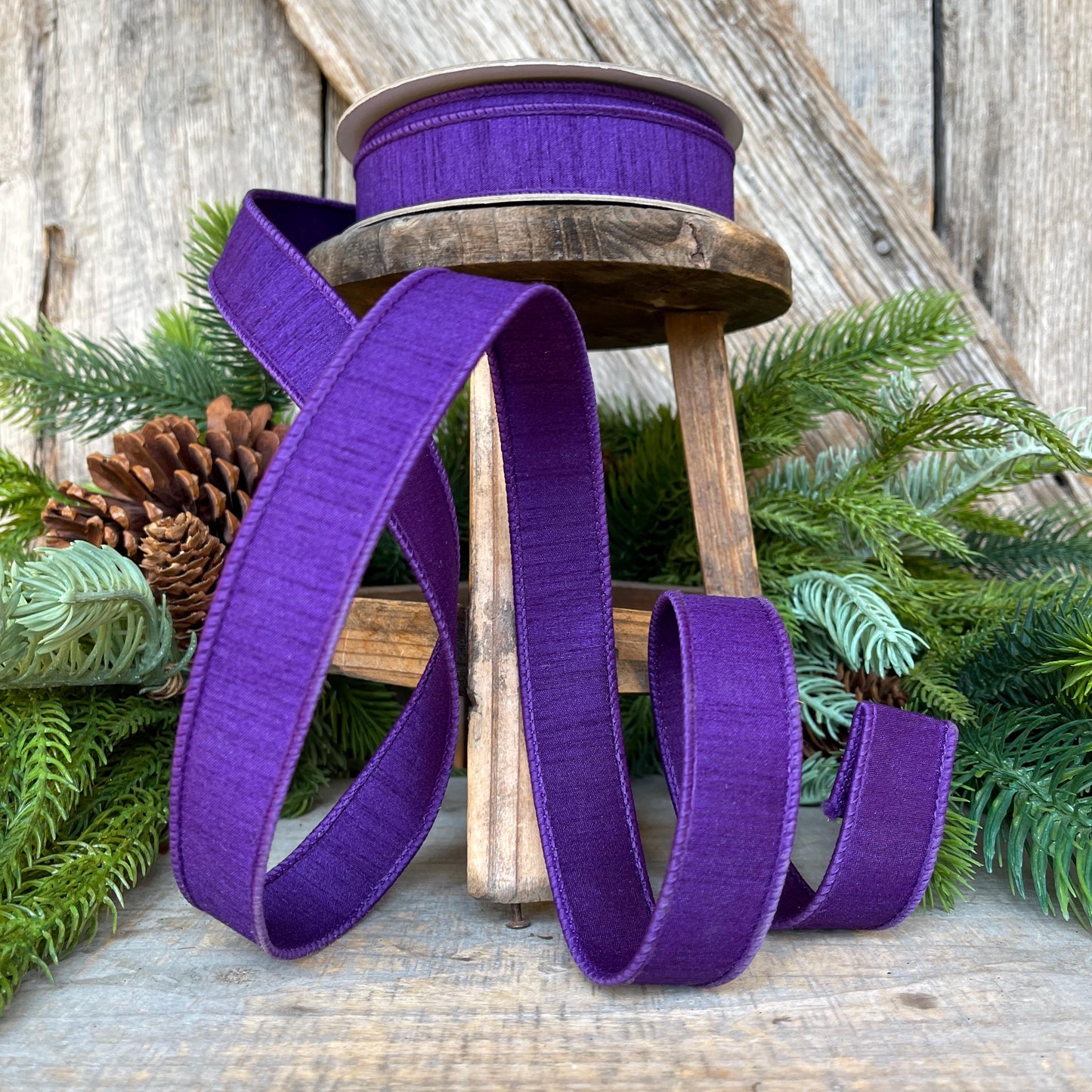 1” Purple Amethyst Dupion Ribbon, Farrisilk ribbon, wired ribbon