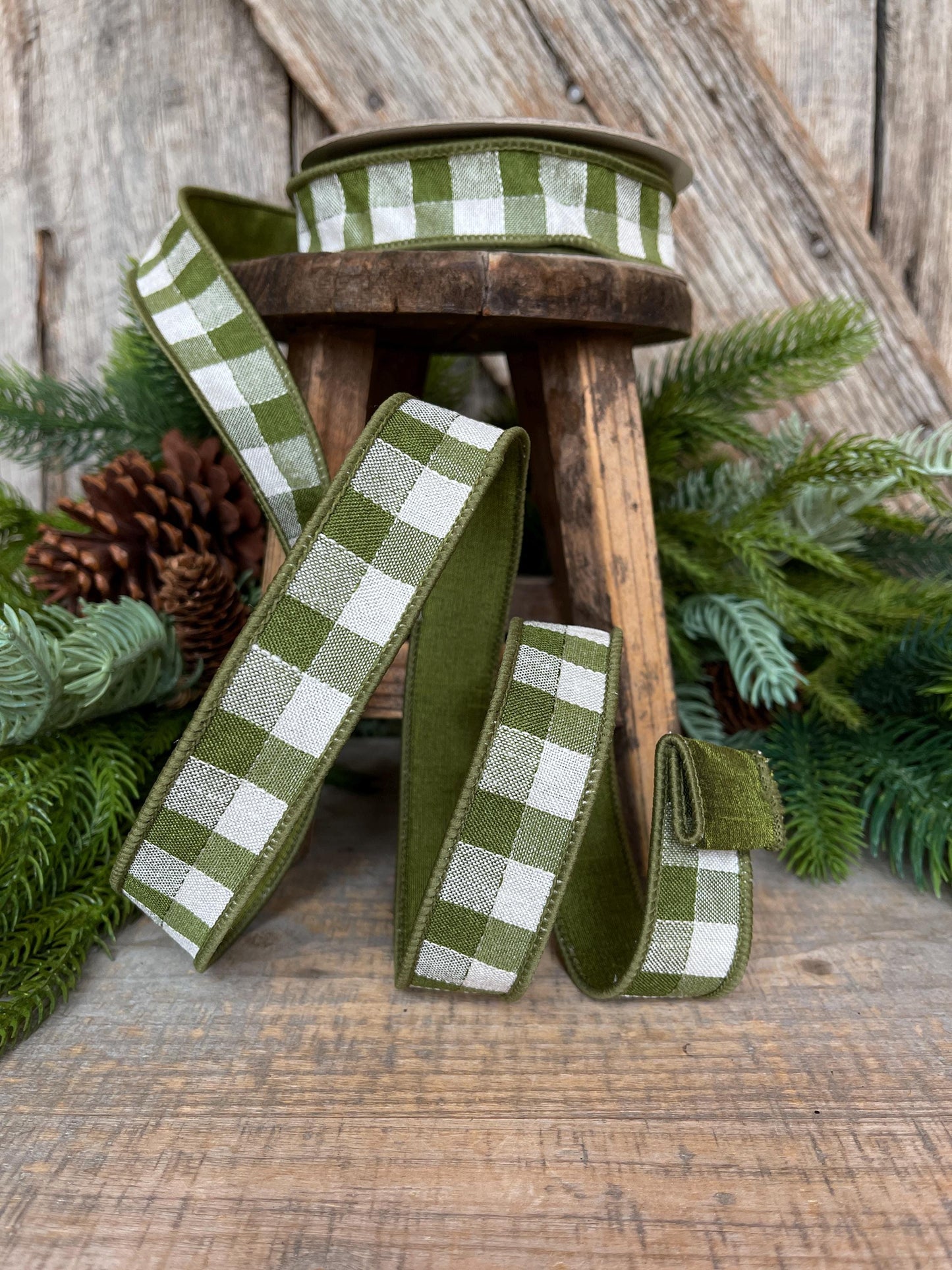 1" Olive Green Stitchery Ribbon, Farrisilk Ribbon, Green Ribbon