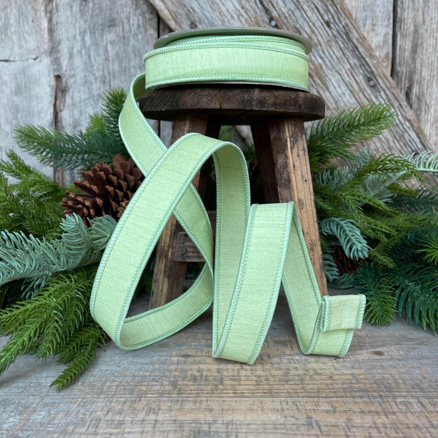 1" Mint Green Dupion Ribbon, Farrisilk Ribbon, Wired Ribbon