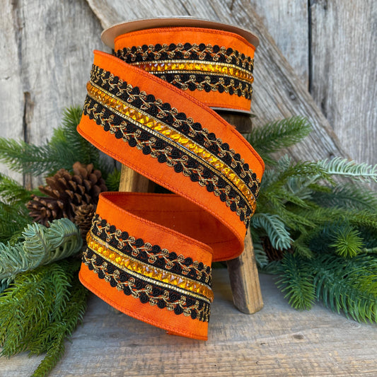 2.5" Halloween Ribbon, Supernatural Swirls, Farrisilk Ribbon, Wired Ribbon, Black Orange Ribbon, Designer Ribbon, Wreath Supply, HR029-87