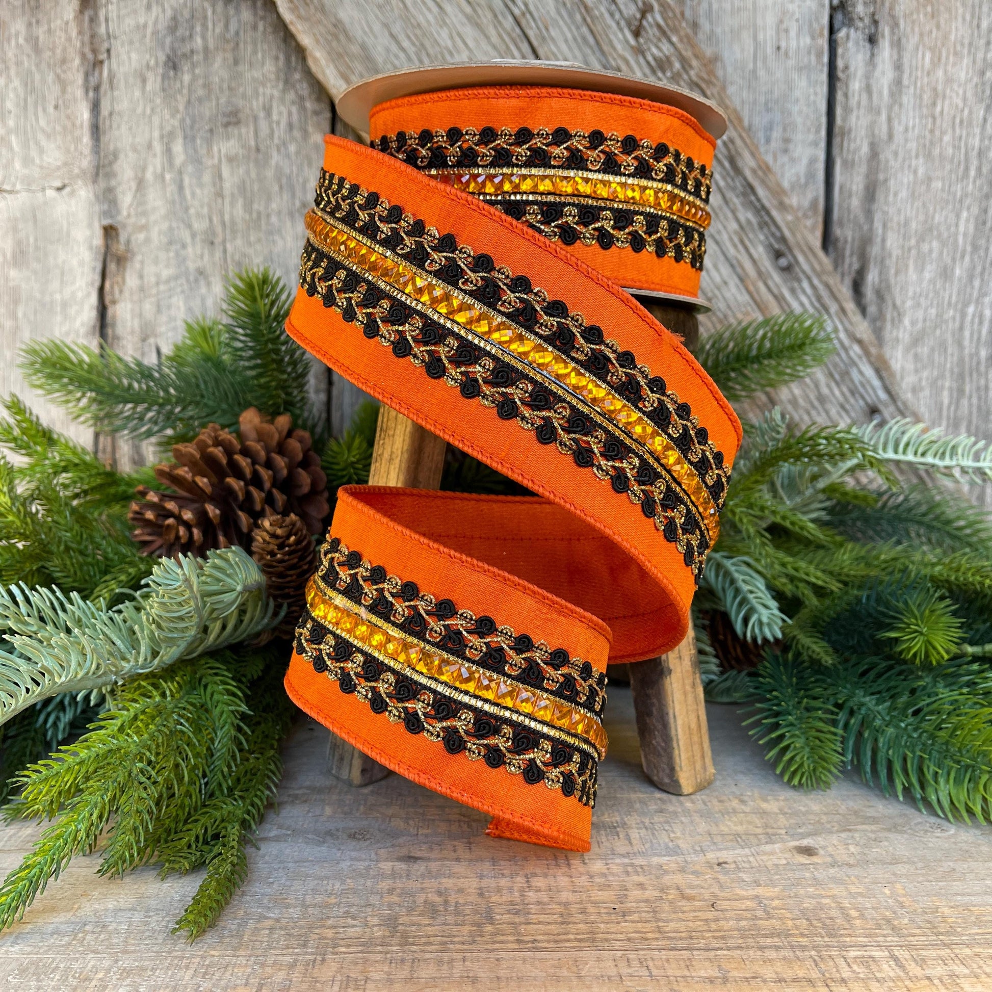 2.5" Halloween Ribbon, Supernatural Swirls, Farrisilk Ribbon, Wired Ribbon, Black Orange Ribbon, Designer Ribbon, Wreath Supply, HR029-87