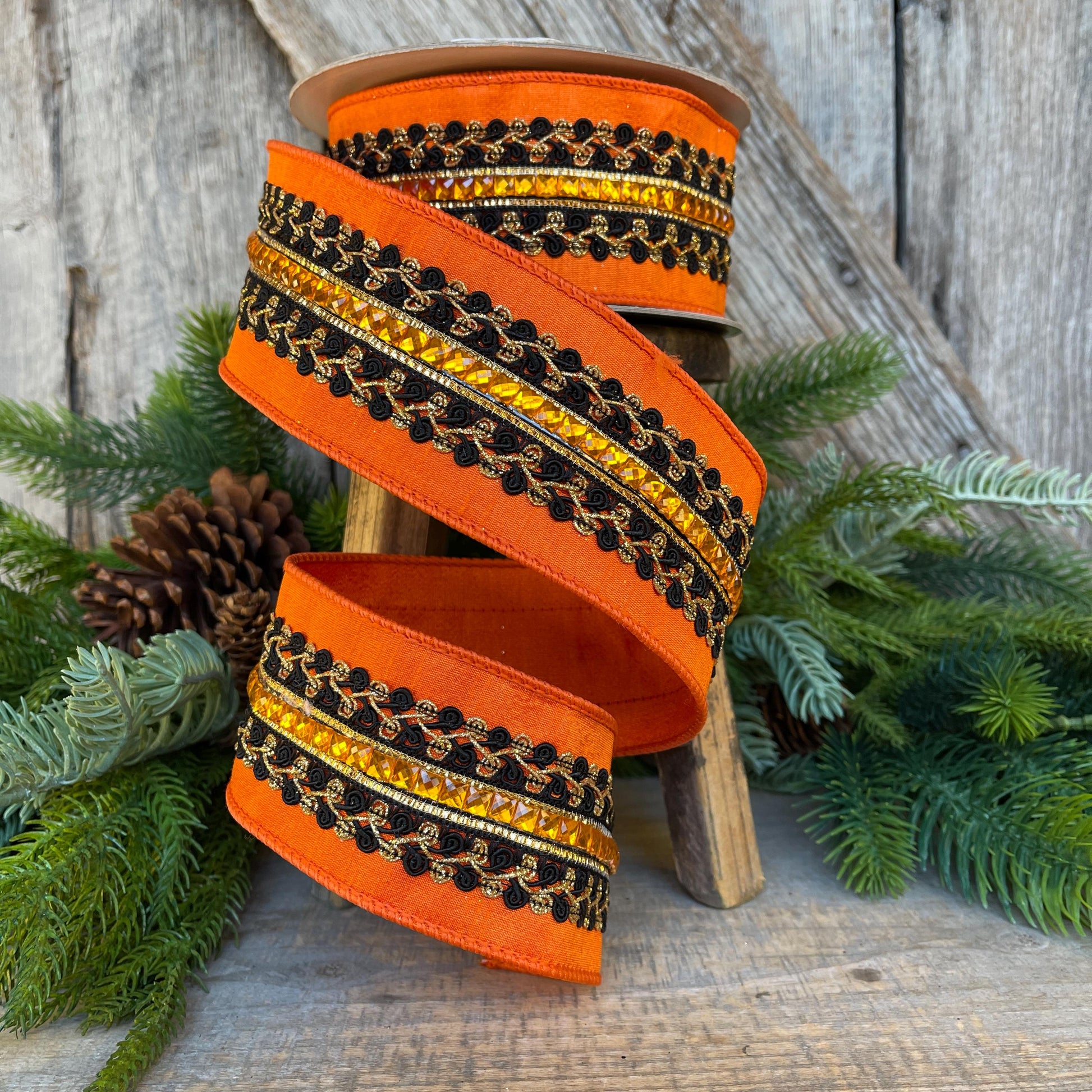 2.5" Halloween Ribbon, Supernatural Swirls, Farrisilk Ribbon, Wired Ribbon, Black Orange Ribbon, Designer Ribbon, Wreath Supply, HR029-87