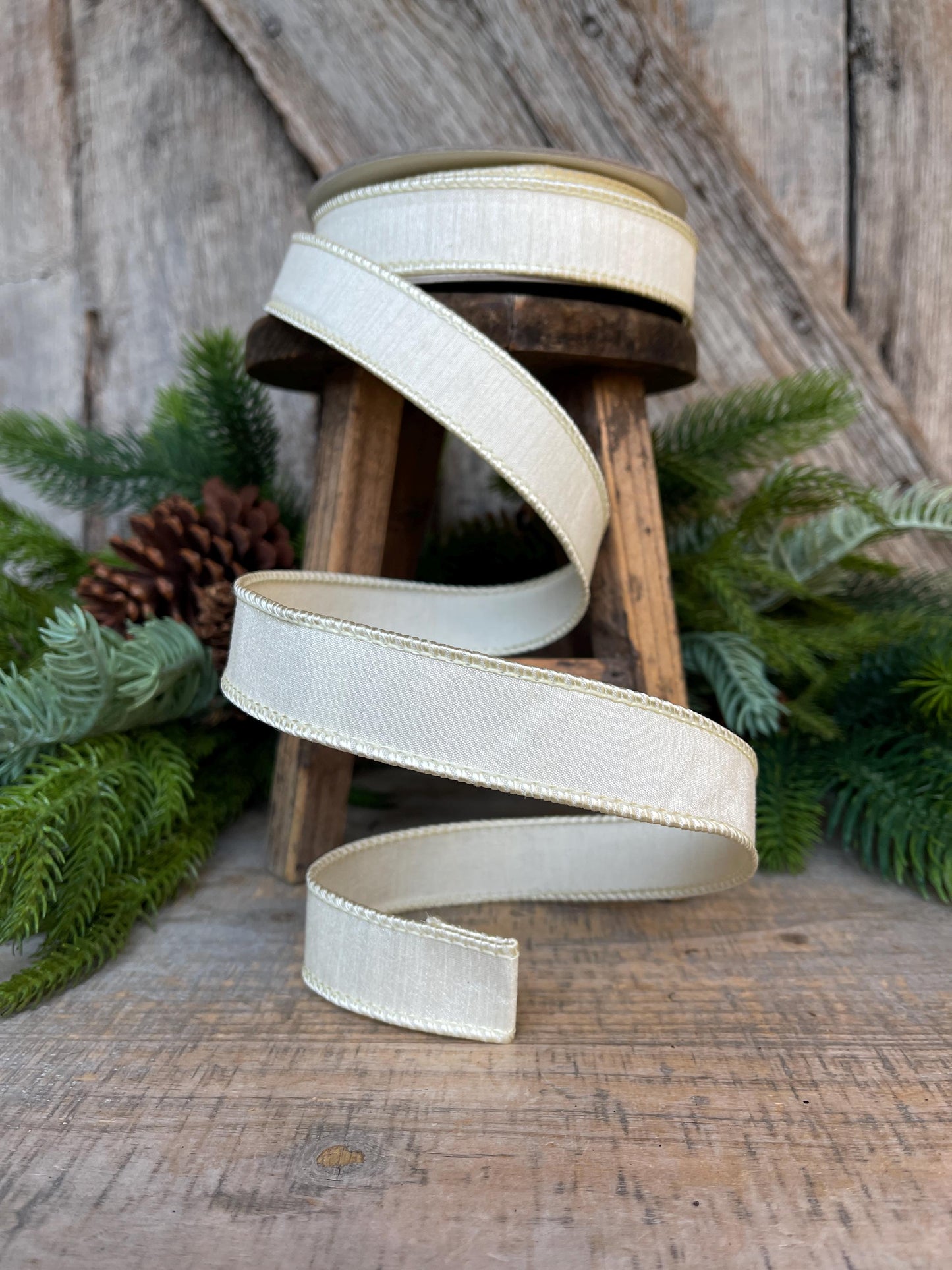 1" Cream Dupion Ribbon, Farrisilk Ribbon, Wired Ribbon