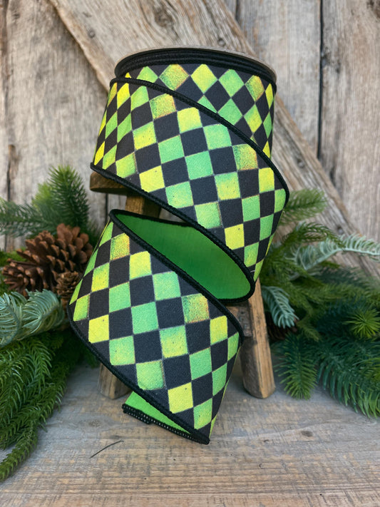 2.5" Green Harlequin Ribbon, Farrisilk Ribbon, Green Sketch Checks, Halloween Ribbon, Wired RIbbon,Designer Ribbon, HR044-61