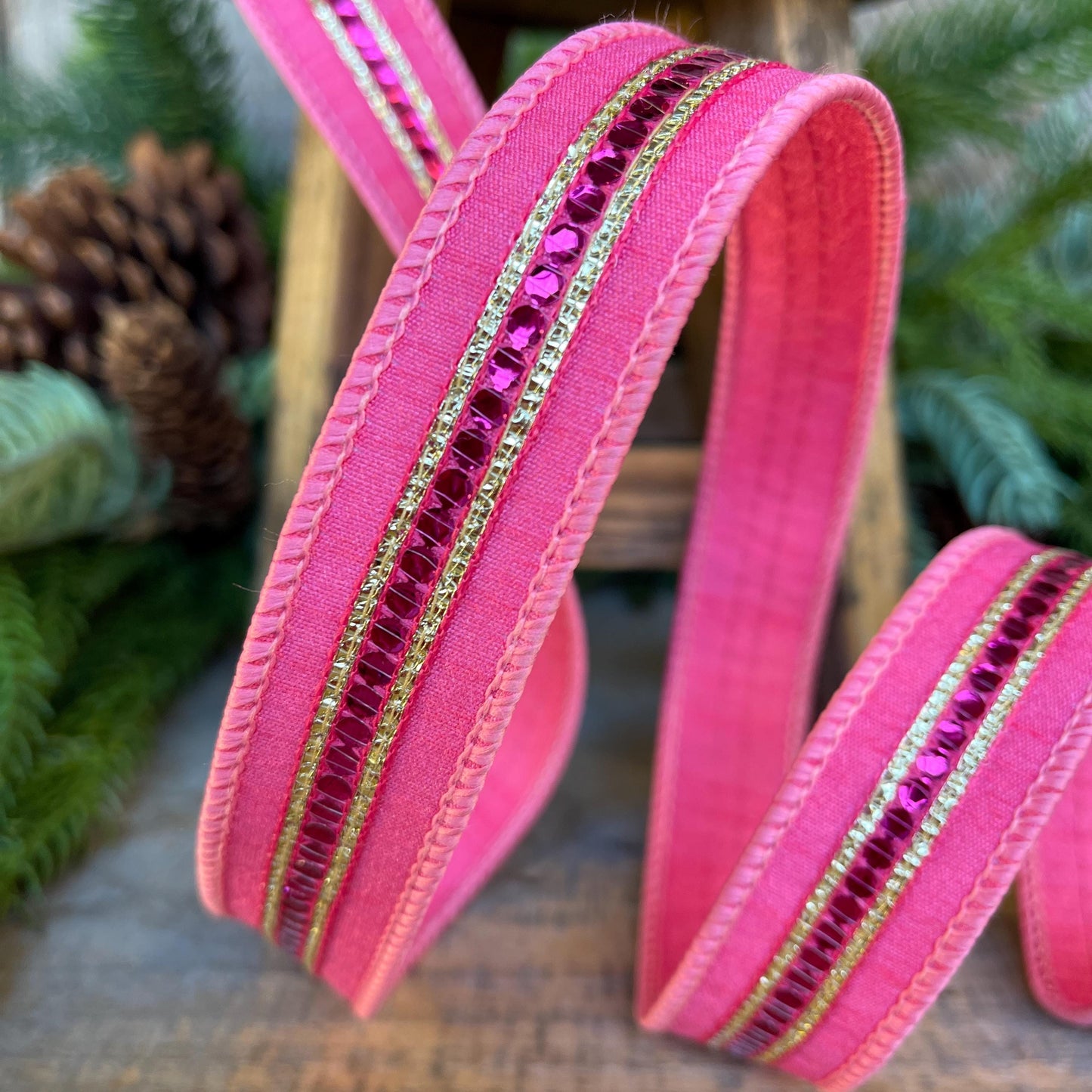 1" Pink Twinkle Trim Ribbon, Farrisilk ribbon, Pink Jeweled RIbbon, Bubblegum Pink Ribbon, Pink Christmas Ribbon, Designer RIbbon, RK756-74