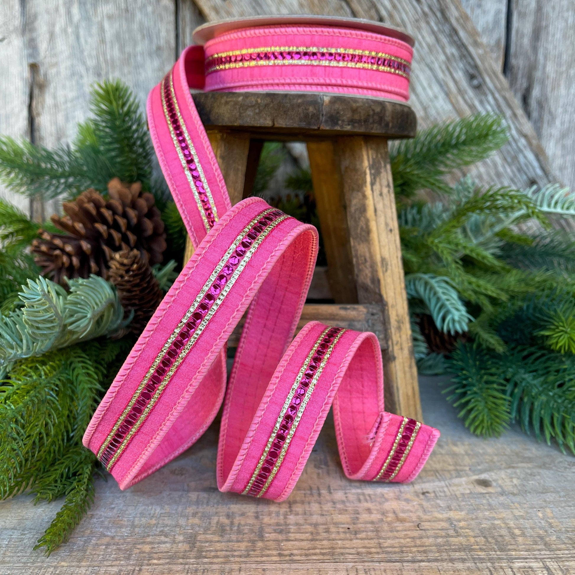 1" Pink Twinkle Trim Ribbon, Farrisilk ribbon, Pink Jeweled RIbbon