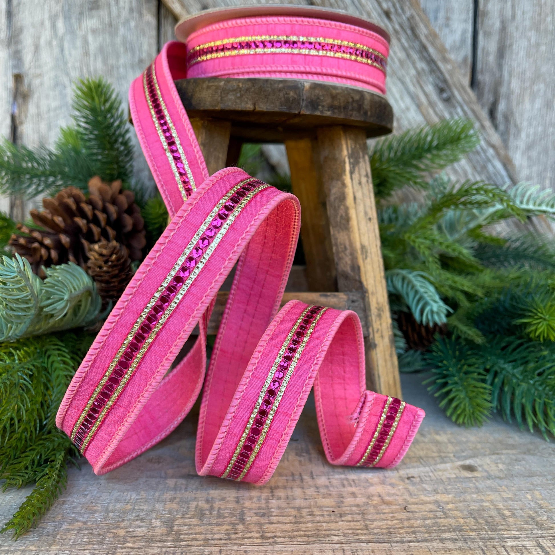 1" Pink Twinkle Trim Ribbon, Farrisilk ribbon, Pink Jeweled RIbbon, Bubblegum Pink Ribbon, Pink Christmas Ribbon, Designer RIbbon, RK756-74