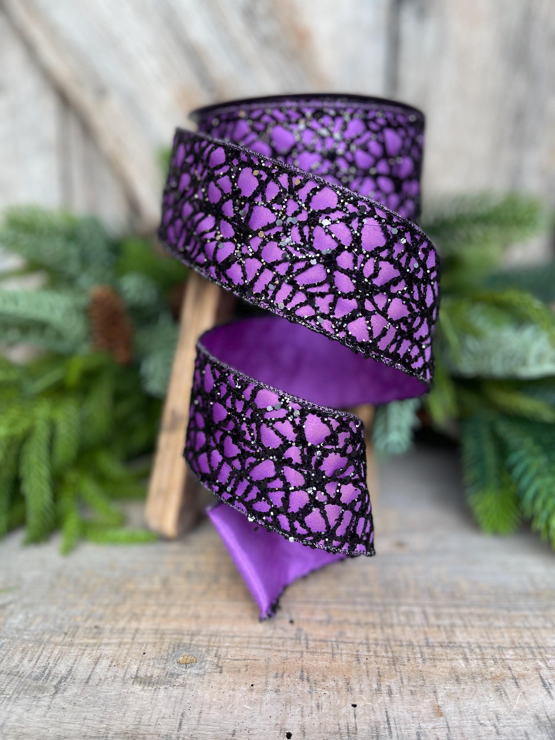 2.5" Purple Black Glitzy Web Ribbon, Farrisilk Ribbon, Halloween RIbbon