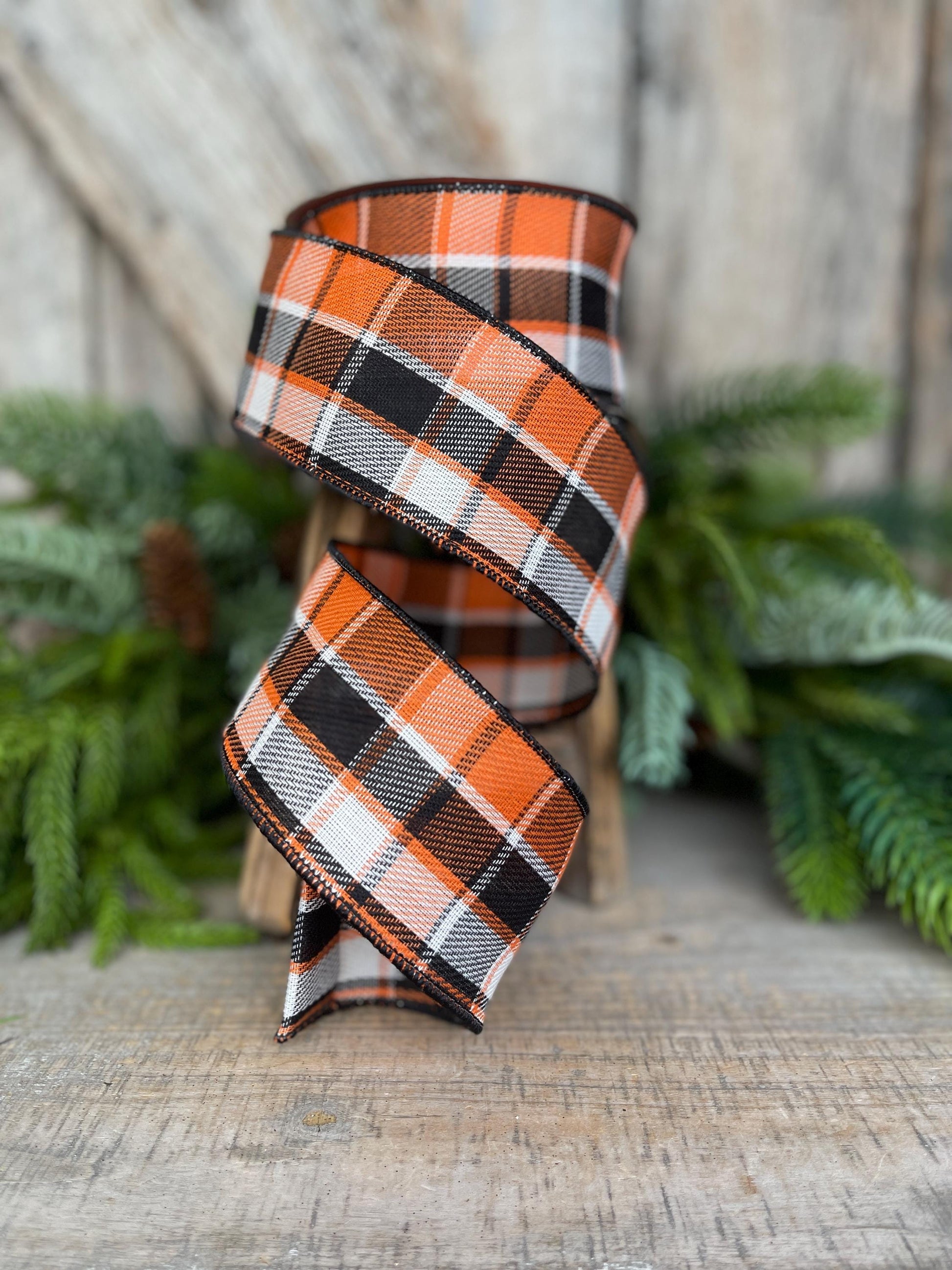 2.5" Fall Halloween Plaid RIbbon, WIred RIbbon, ORange BLack Ribbon