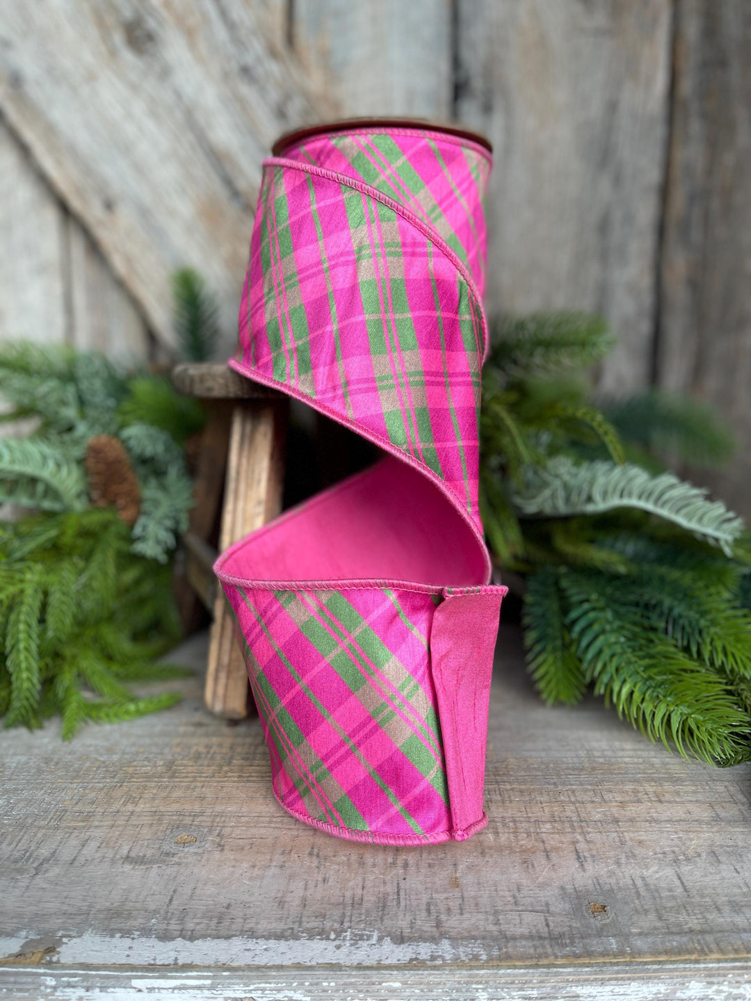 4" Pink and Green Bias Plaid RIbbon, Preppy Ribbon, Bubblegum Pink Plaid Ribbon