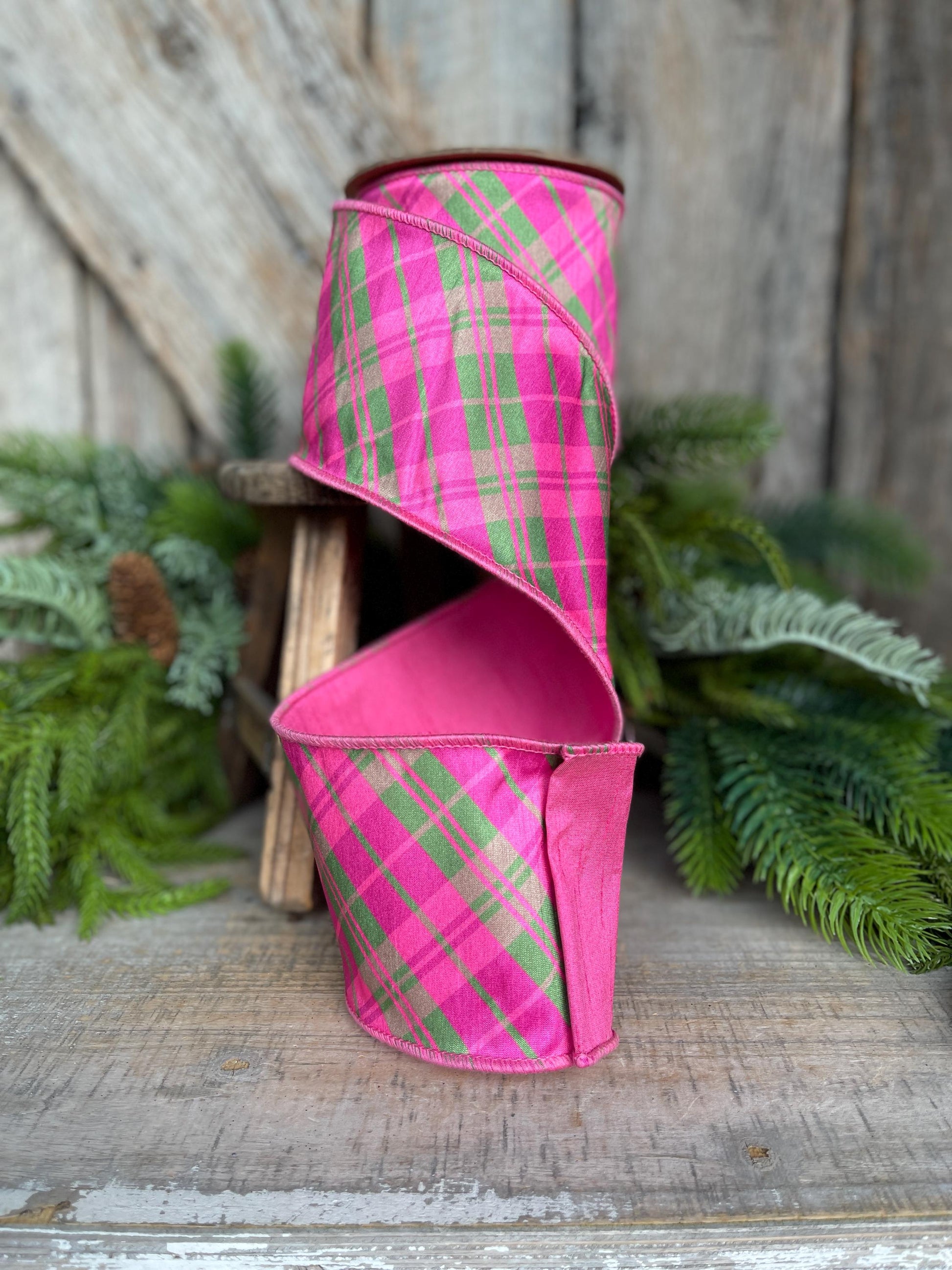 4" Pink and Green Bias Plaid RIbbon, Preppy Ribbon, Bubblegum Pink Plaid Ribbon, Christmas Ribbon, Hot Pink Ribbon