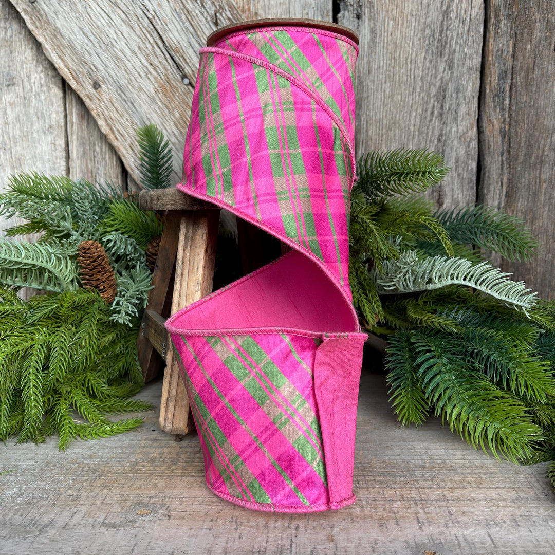 4" Pink and Green Bias Plaid RIbbon, Preppy Ribbon, Bubblegum Pink Plaid Ribbon