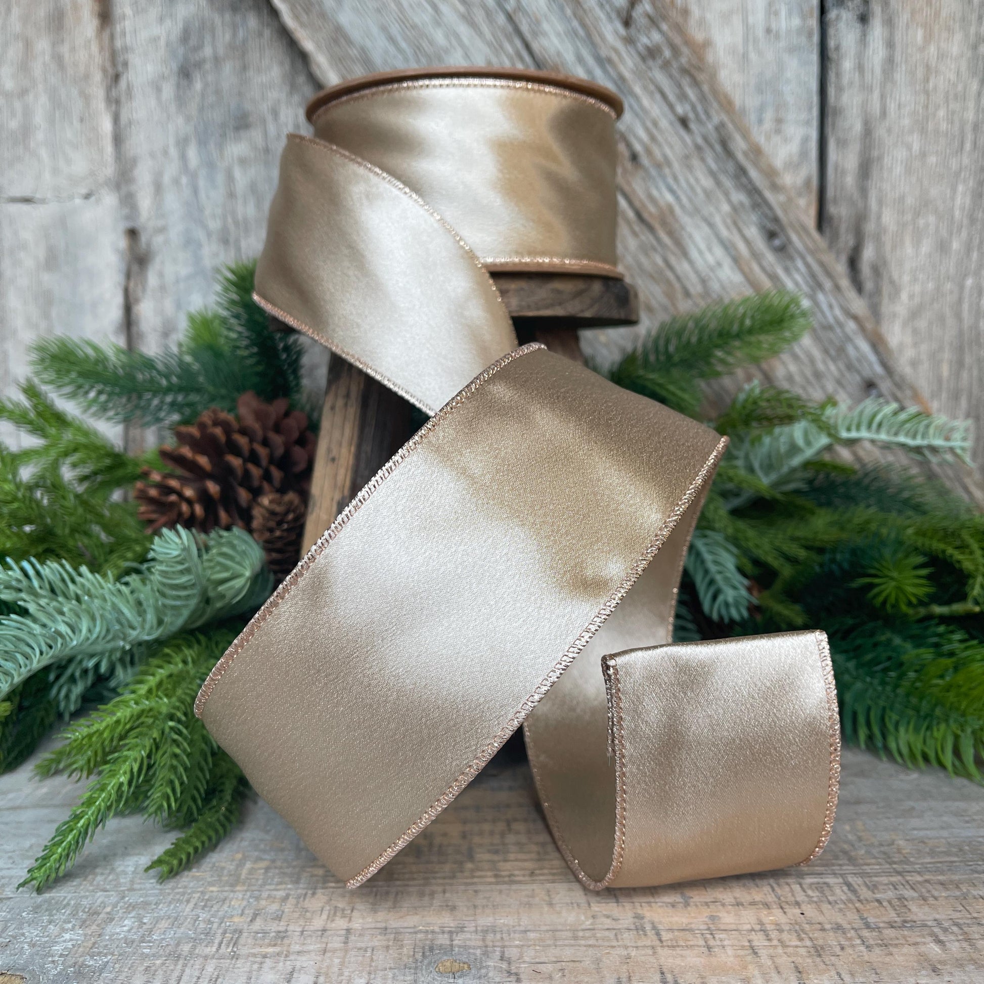 2.5" Gold Satin Ribbon, Christmas Ribbon, Shimmer Satin Ribbon, Wired Ribbon, Gold Ribbon
