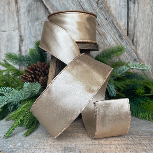 2.5" Champagne Gold Satin Ribbon, Christmas Ribbon, Shimmer Satin Ribbon