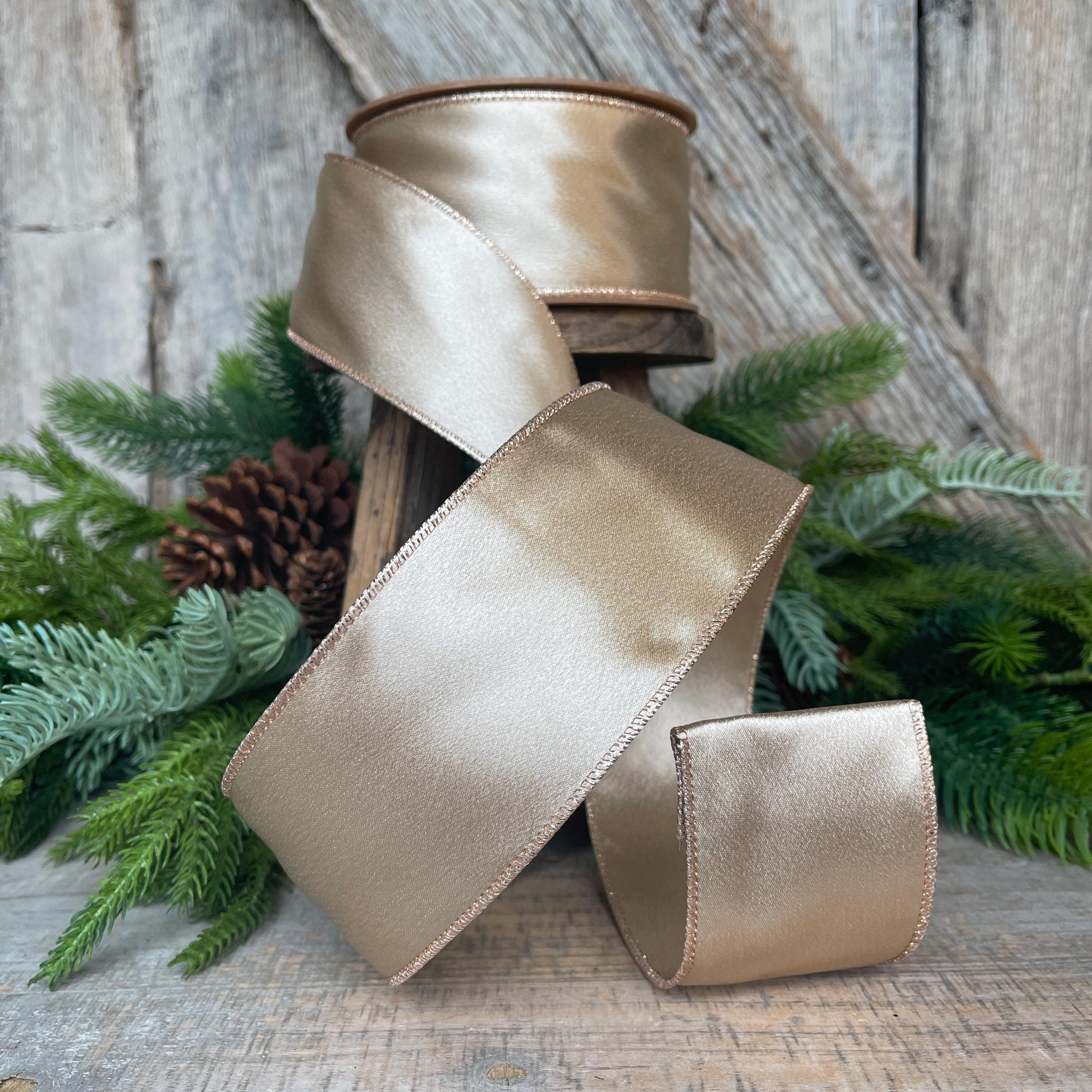 2.5" Gold Satin Ribbon, Christmas Ribbon, Shimmer Satin Ribbon, Wired Ribbon, Gold Ribbon