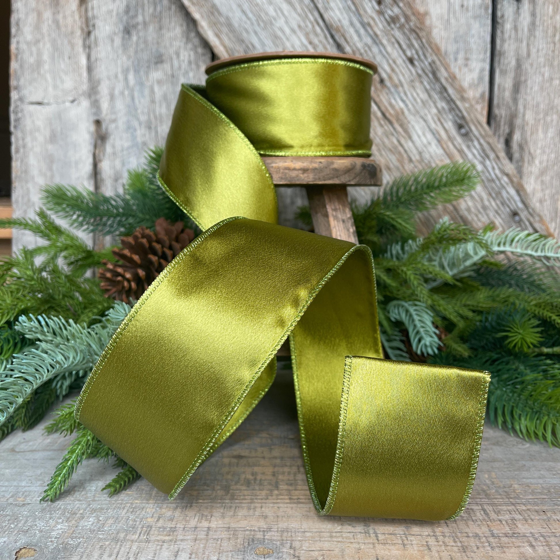 2.5" Moss Satin Ribbon, Christmas Ribbon, Shimmer Satin Ribbon, Wired Ribbon, Moss Green Ribbon