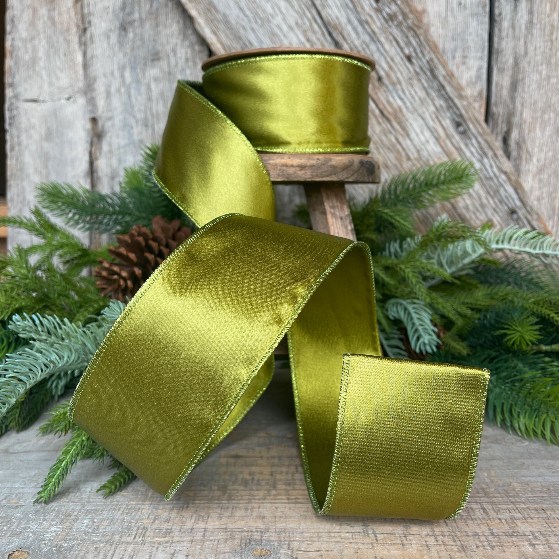 2.5" Moss Satin Ribbon, Christmas Ribbon, Shimmer Satin Ribbon, Wired Ribbon, Moss Green Ribbon