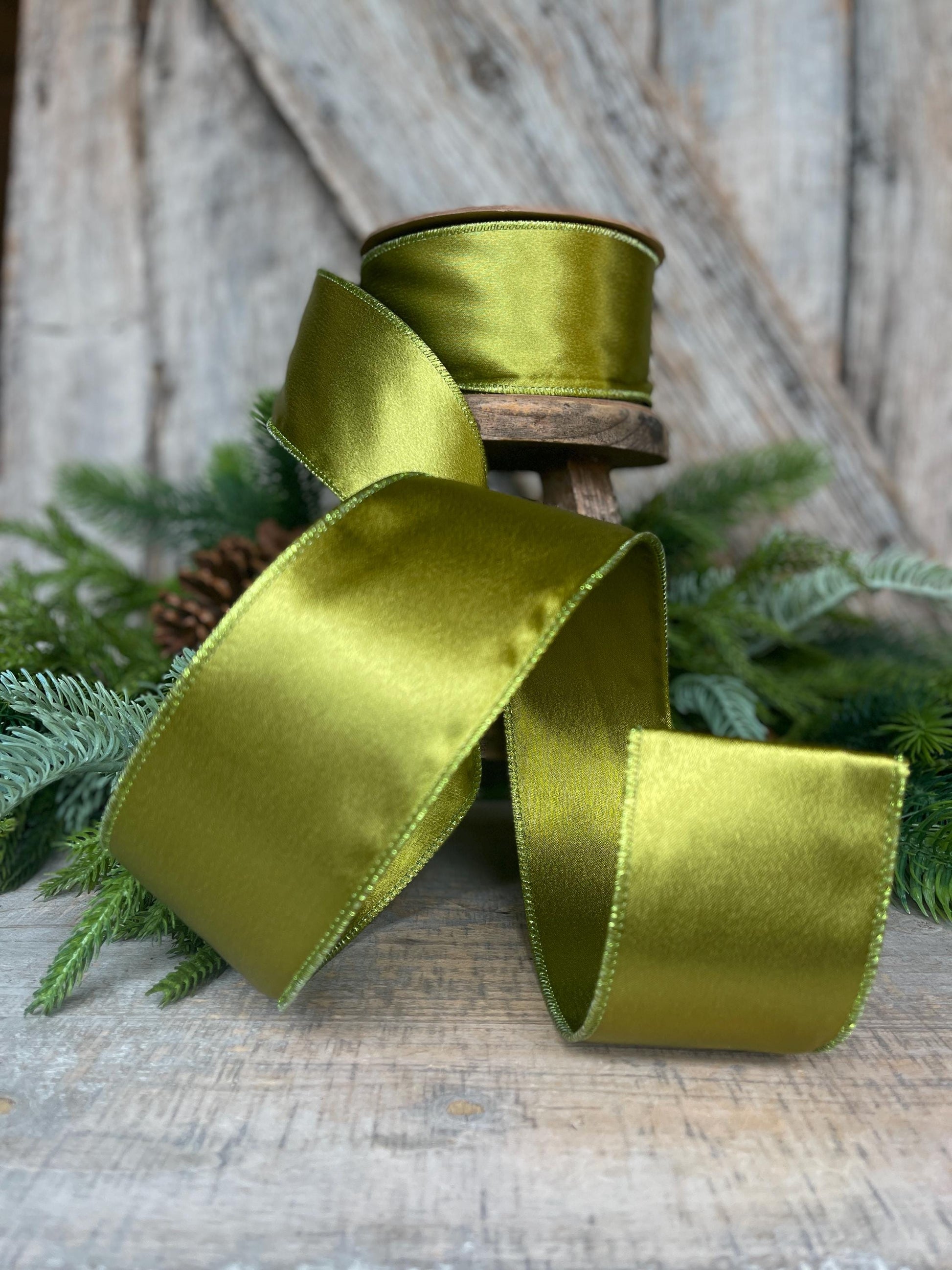 2.5" Moss Satin Ribbon, Christmas Ribbon, Shimmer Satin Ribbon, Wired Ribbon, Moss Green Ribbon