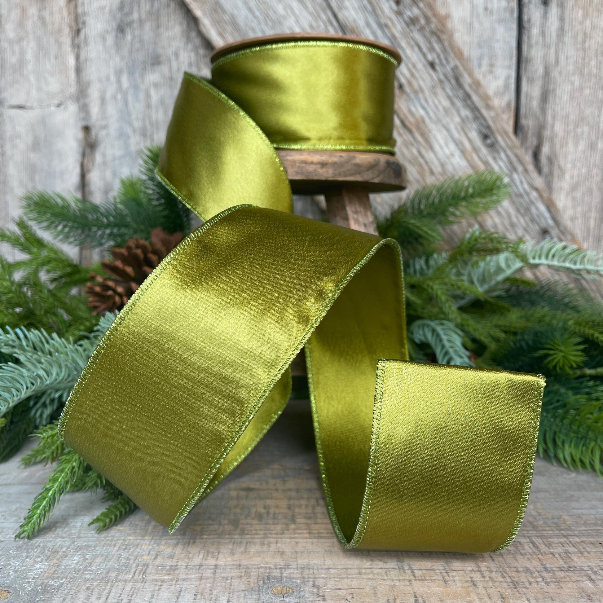 2.5" Moss Satin Ribbon, Christmas Ribbon, Shimmer Satin Ribbon, Wired Ribbon, Moss Green Ribbon