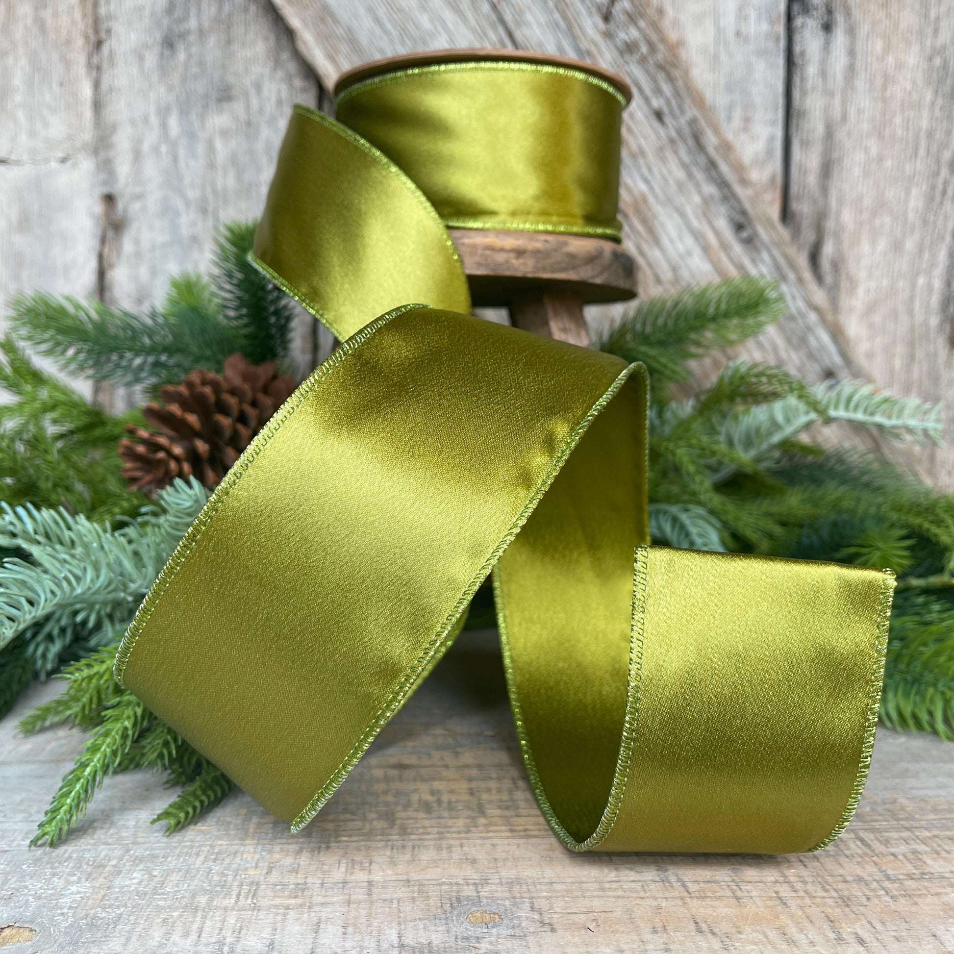 2.5" Moss Satin Ribbon, Christmas Ribbon, Shimmer Satin Ribbon, Wired Ribbon, Moss Green Ribbon