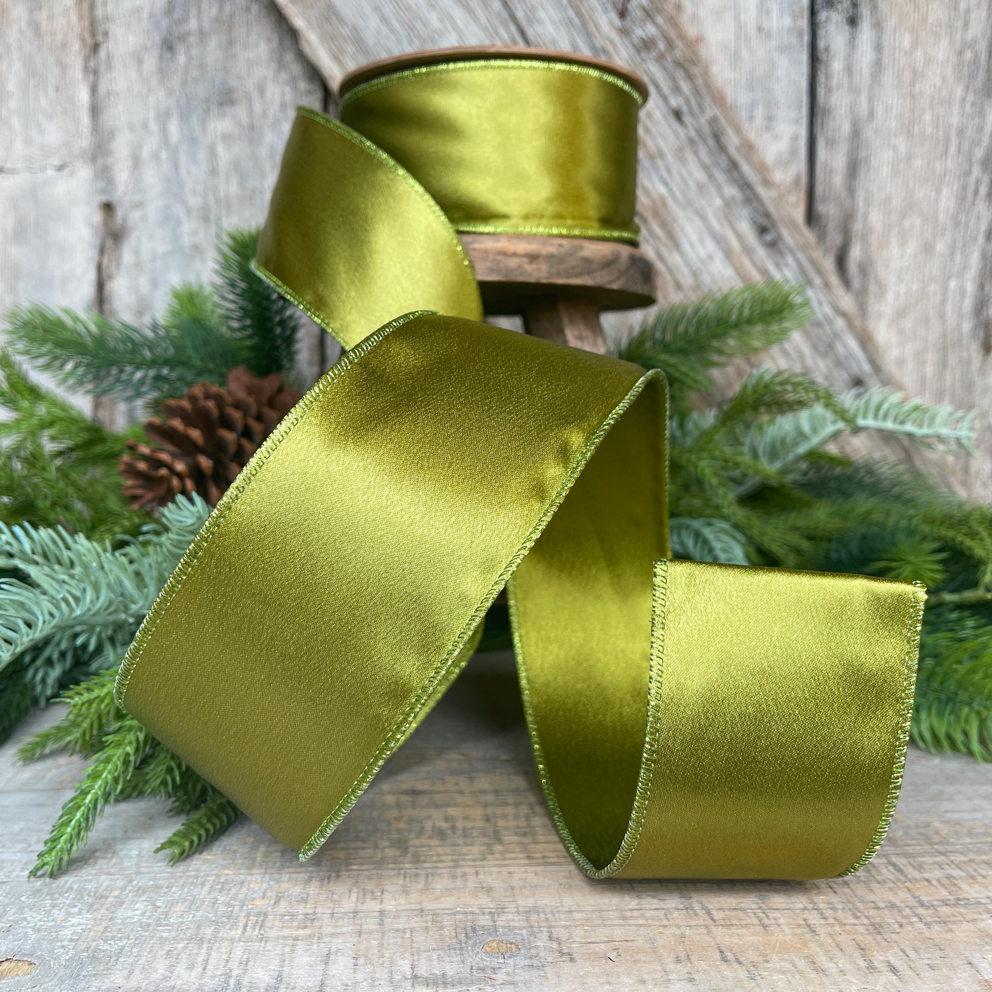 2.5" Moss Satin Ribbon, Christmas Ribbon, Shimmer Satin Ribbon, Wired Ribbon, Moss Green Ribbon