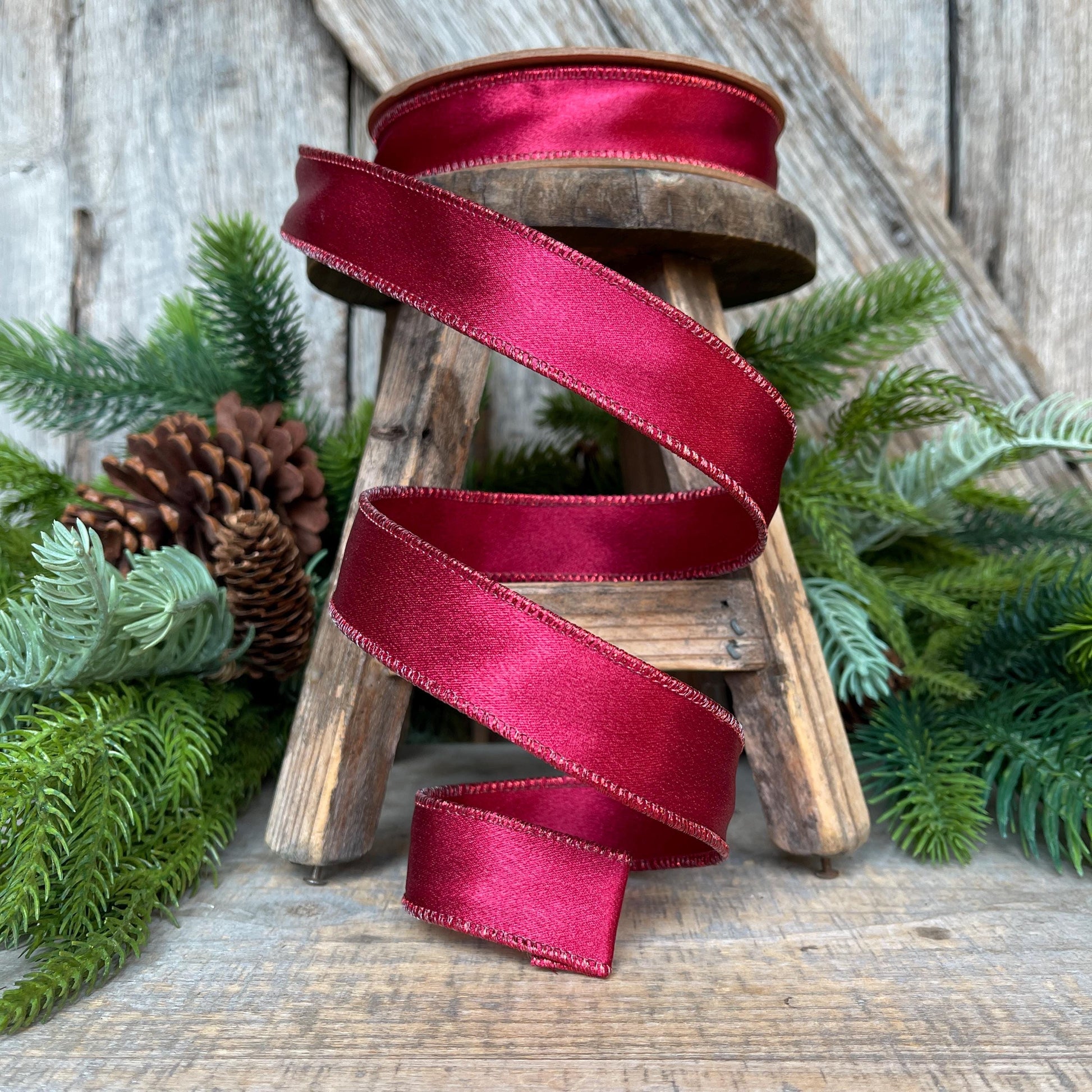 1" Wine Burgundy Satin Ribbon, Christmas Ribbon, Shimmer Satin Ribbon, Wired Ribbon, Maroon Ribbon