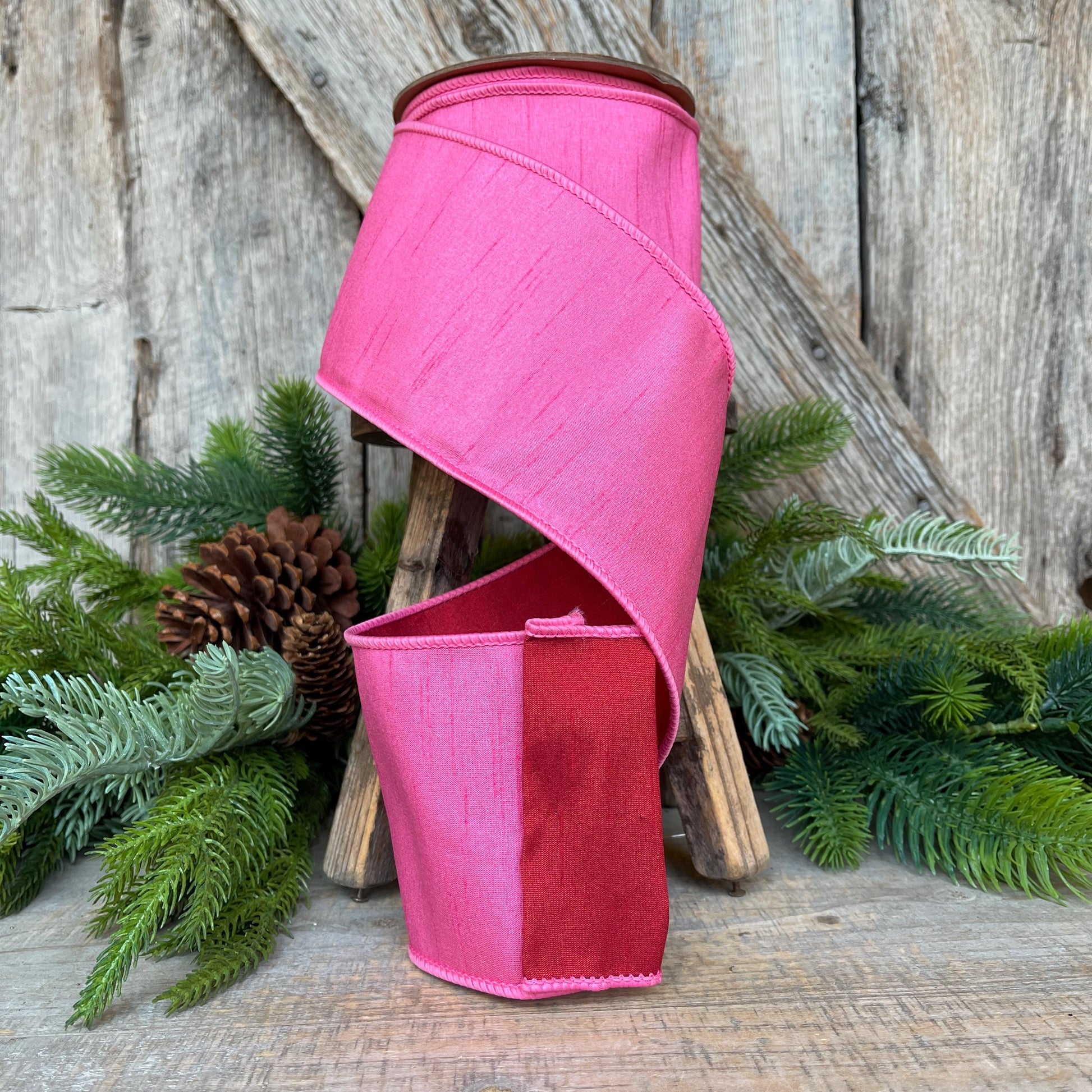4" Pink & Red Ribbon, Doublesided ribbon, Christmas Ribbon, Bubblegum Pink Ribbon, Wired RIbbon, Designer Ribbon