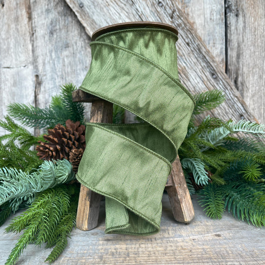 2.5" Dark Moss Green Ribbon, Wired RIbbon, Spring RIbbon, Olive Green RIbbon, Green Ribbon, Christmas Tree Ribbon, Dupioni Ribbon