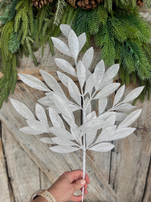 23" White Bay Leaf Glitter Spray, White Leaf Spray, Christmas Leaf Spray, XS237027, White Christmas Tree Decor, White Greenery