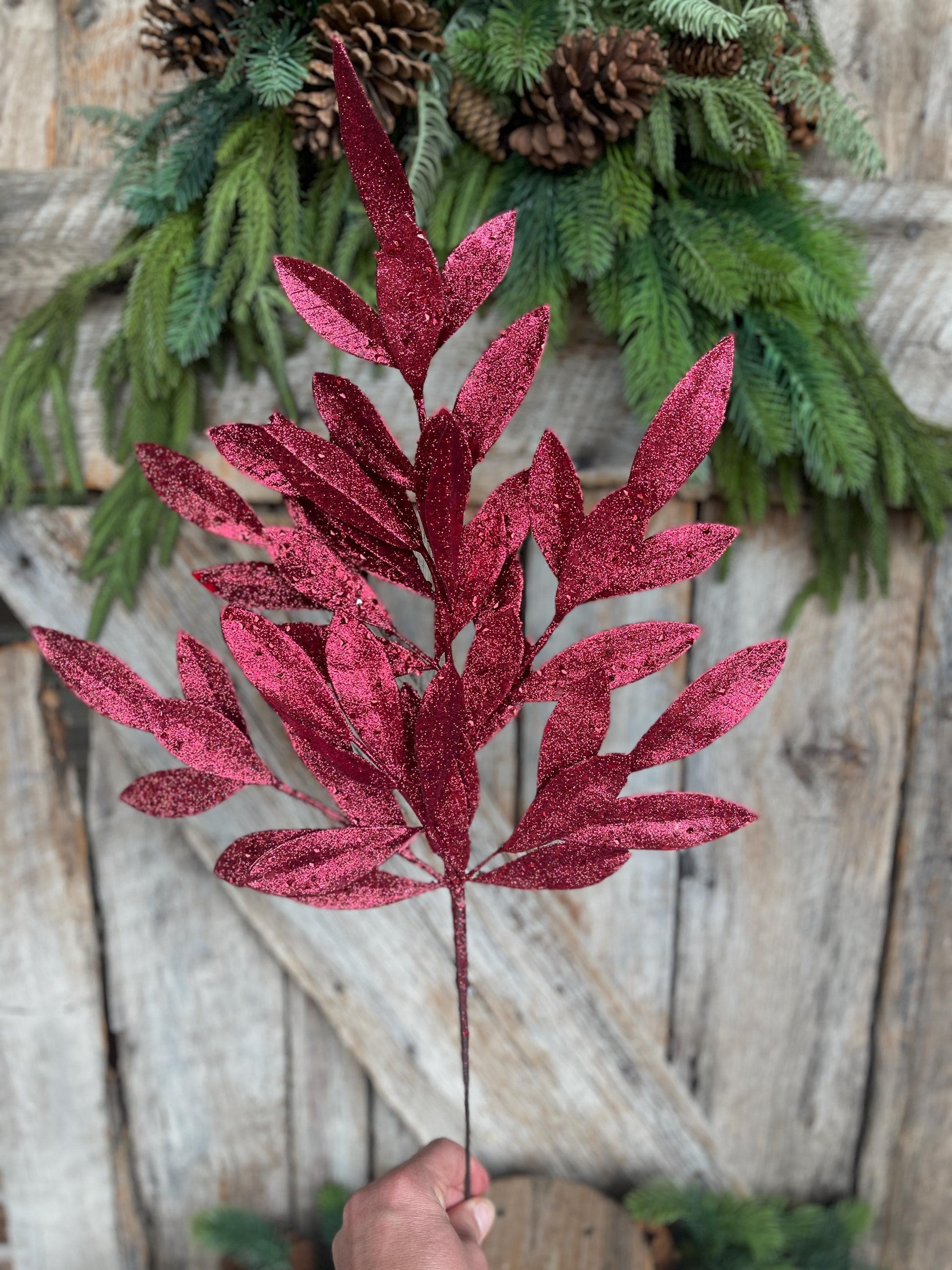 23" Burgundy Bay Leaf Glitter Spray, Burgundy Maroon Leaf Spray, Fall Leaf Spray, XS618205, Christmas Tree Decor, Burgundy Spray